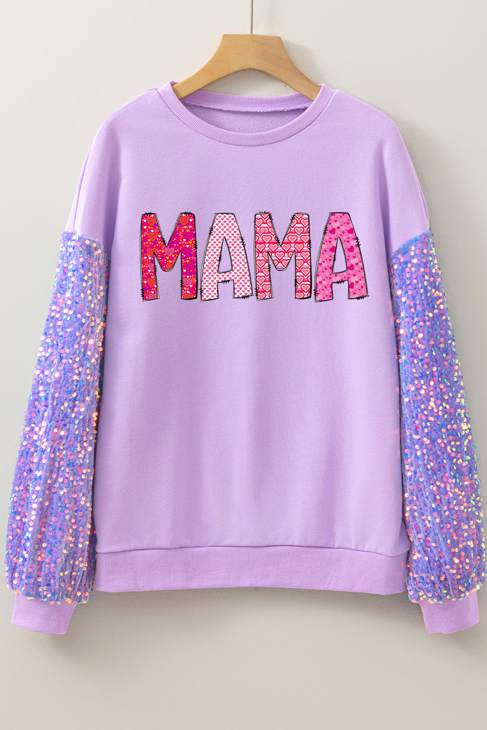 MAMA Letters Print Sequin Patchwork Long Sleeve Pullover Top