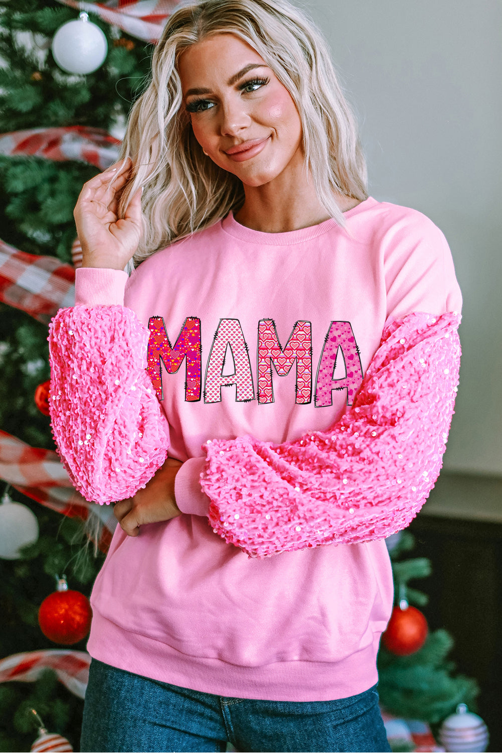 MAMA Letters Print Sequin Patchwork Long Sleeve Pullover Top