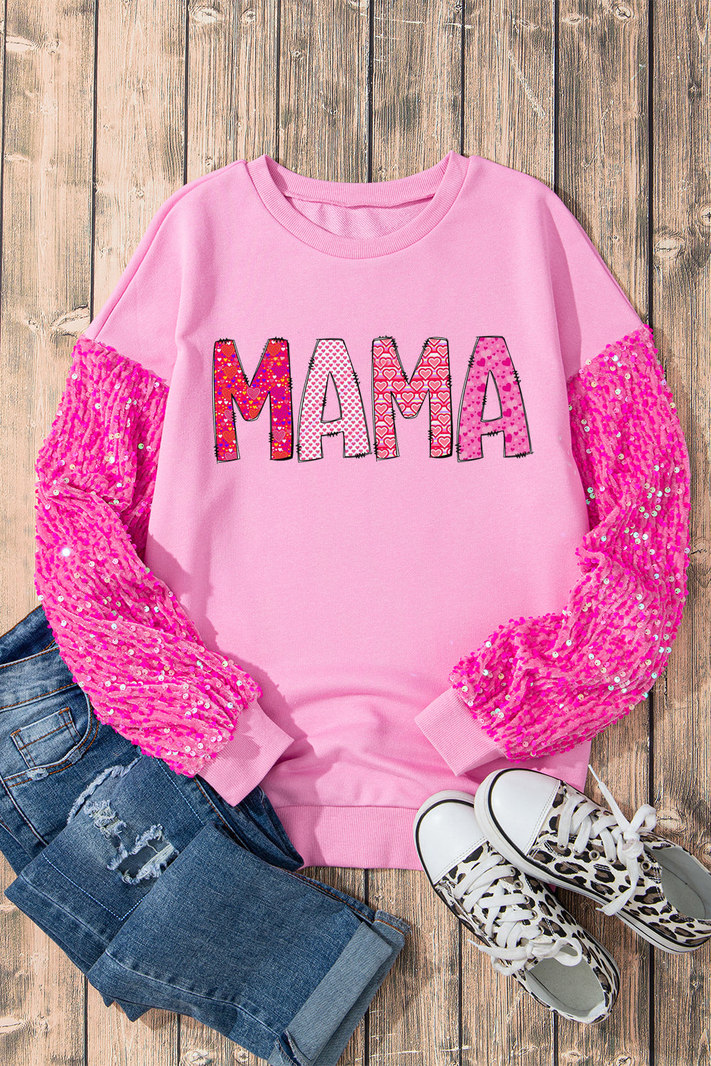 MAMA Letters Print Sequin Patchwork Long Sleeve Pullover Top