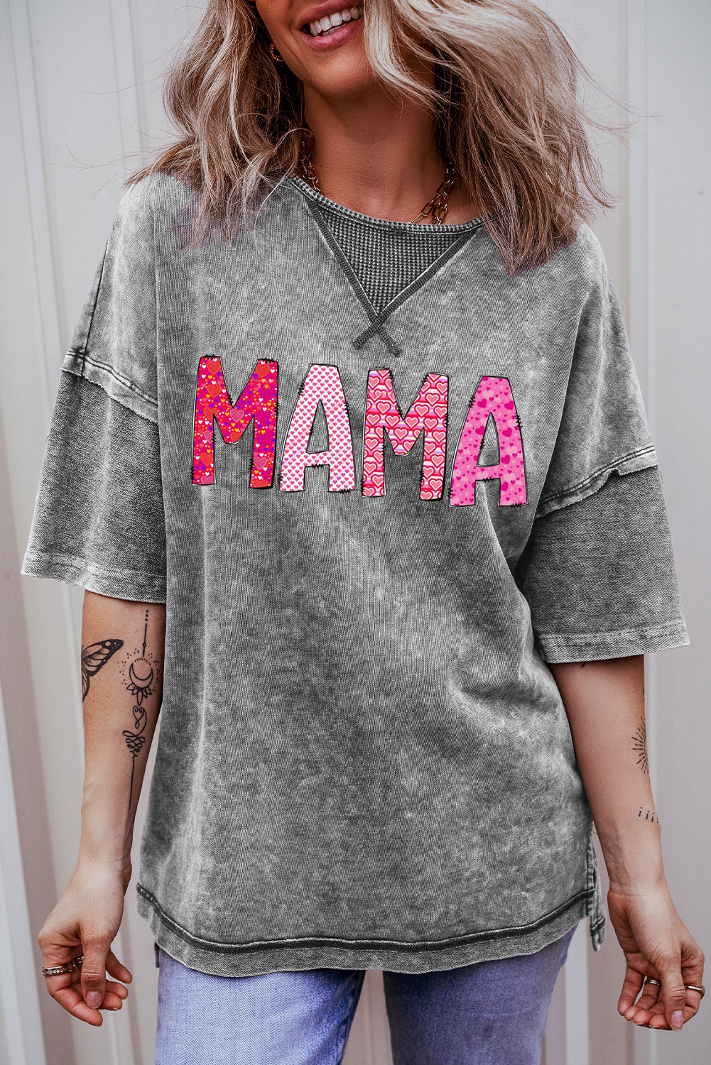 MAMA Letters Print Mineral Wash Oversized Drop Shoulder Tee