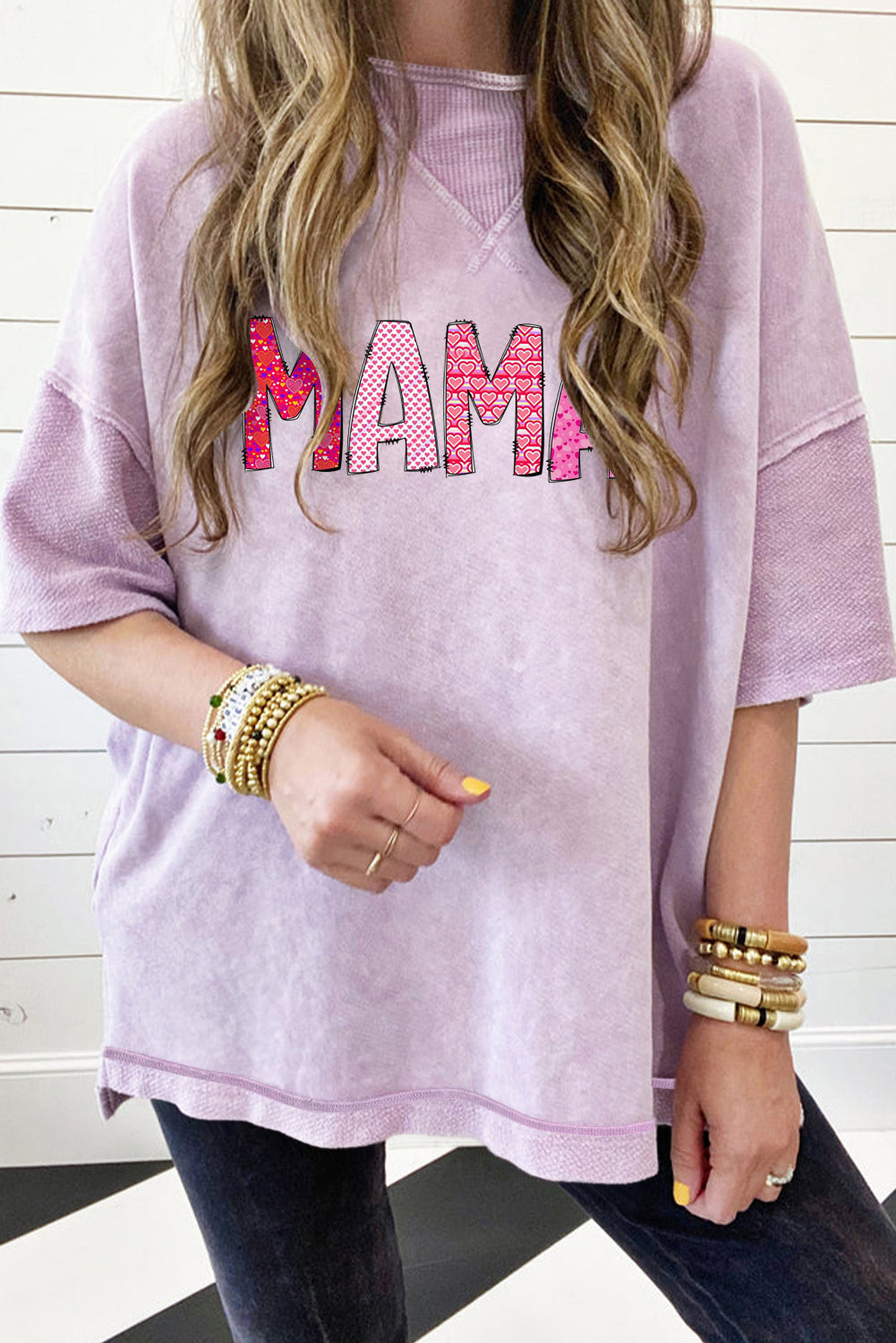 MAMA Letters Print Mineral Wash Oversized Drop Shoulder Tee