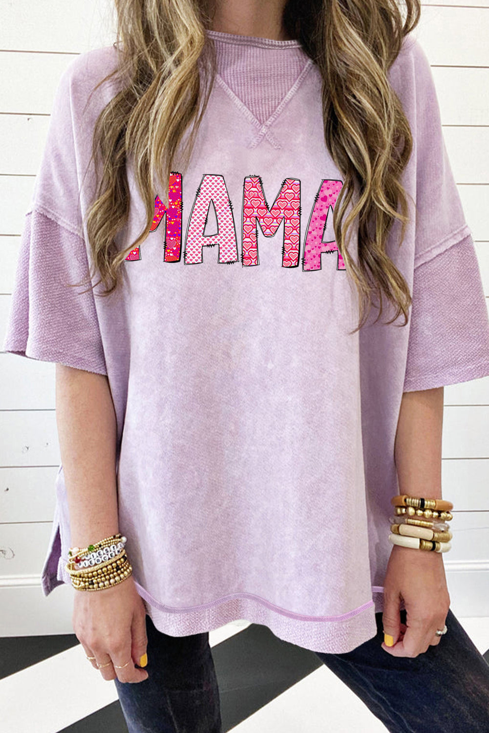 MAMA Letters Print Mineral Wash Oversized Drop Shoulder Tee