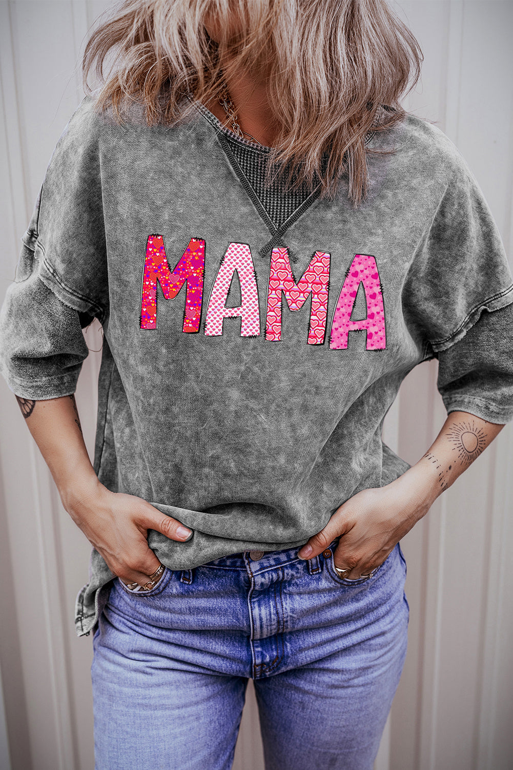 MAMA Letters Print Mineral Wash Oversized Drop Shoulder Tee