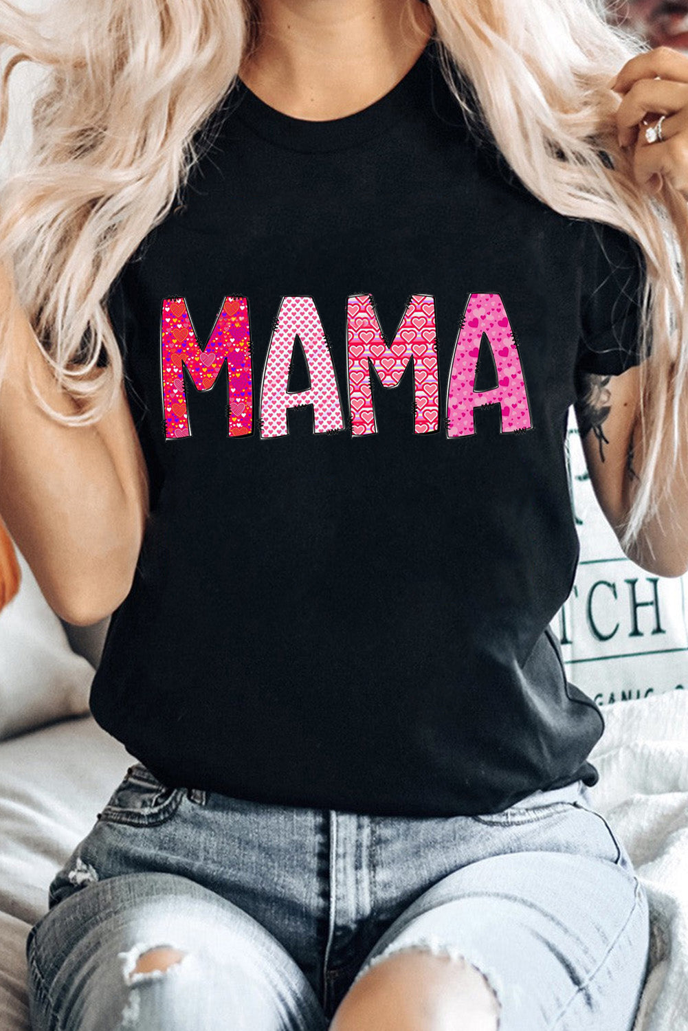 MAMA Letters Print Casual Plain Crew Neck T-Shirt