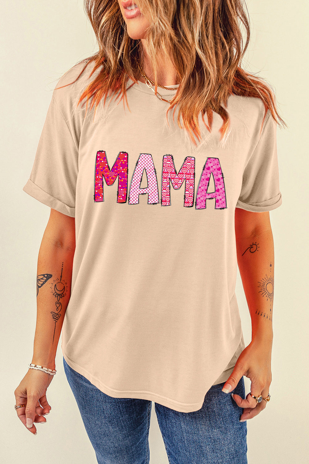MAMA Letters Print Casual Plain Crew Neck T-Shirt
