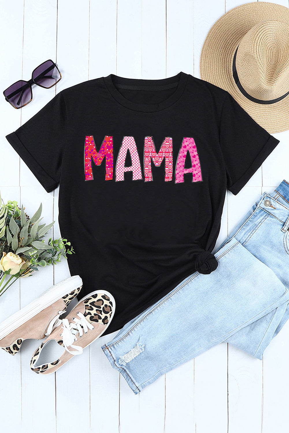 MAMA Letters Print Casual Plain Crew Neck T-Shirt