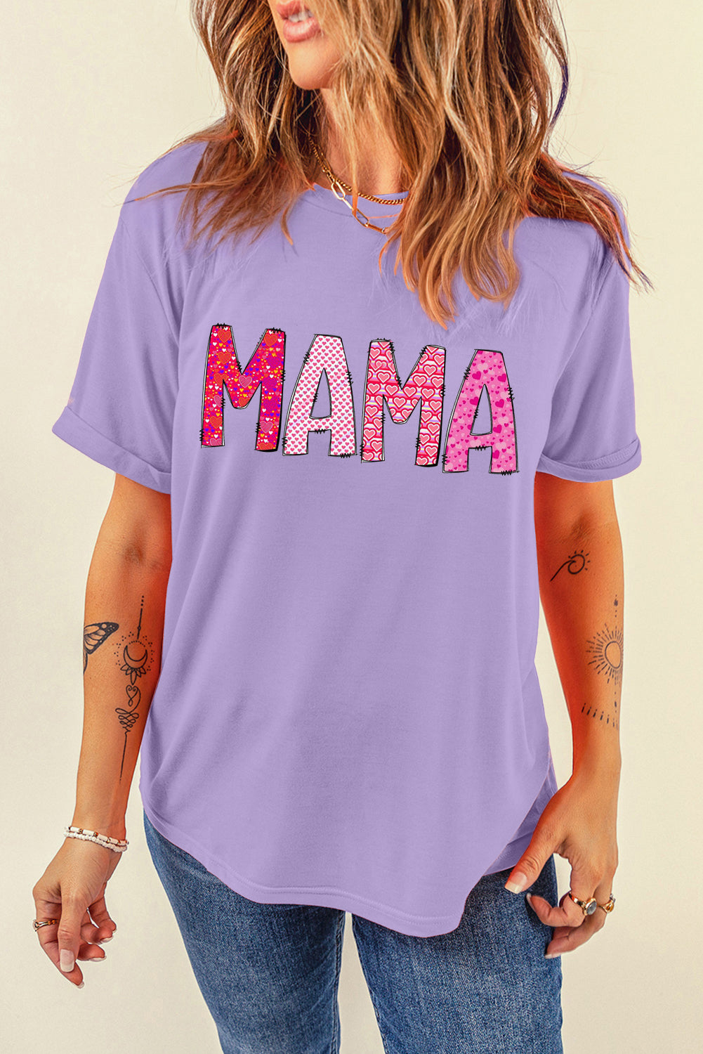 MAMA Letters Print Casual Plain Crew Neck T-Shirt