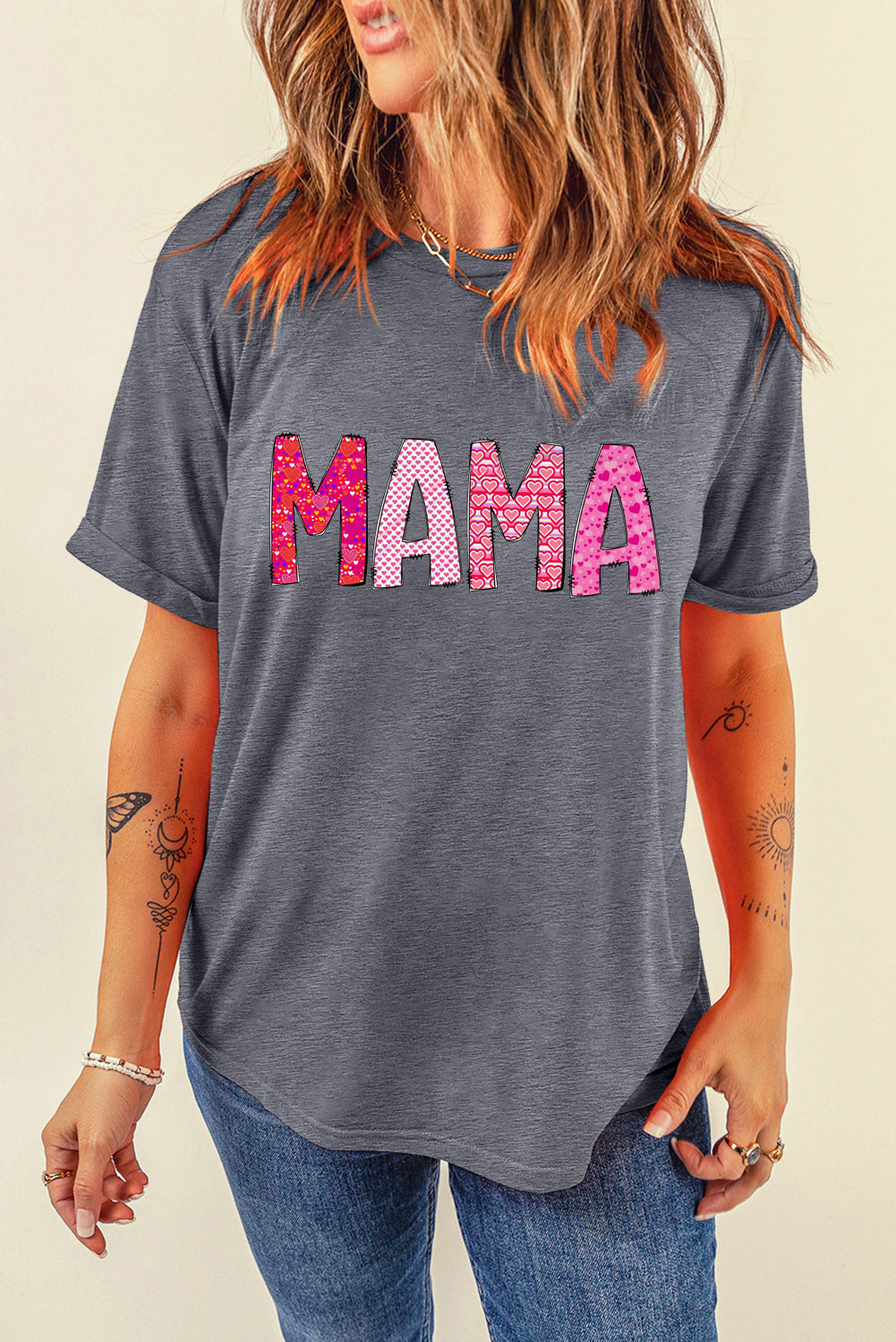 MAMA Letters Print Casual Plain Crew Neck T-Shirt