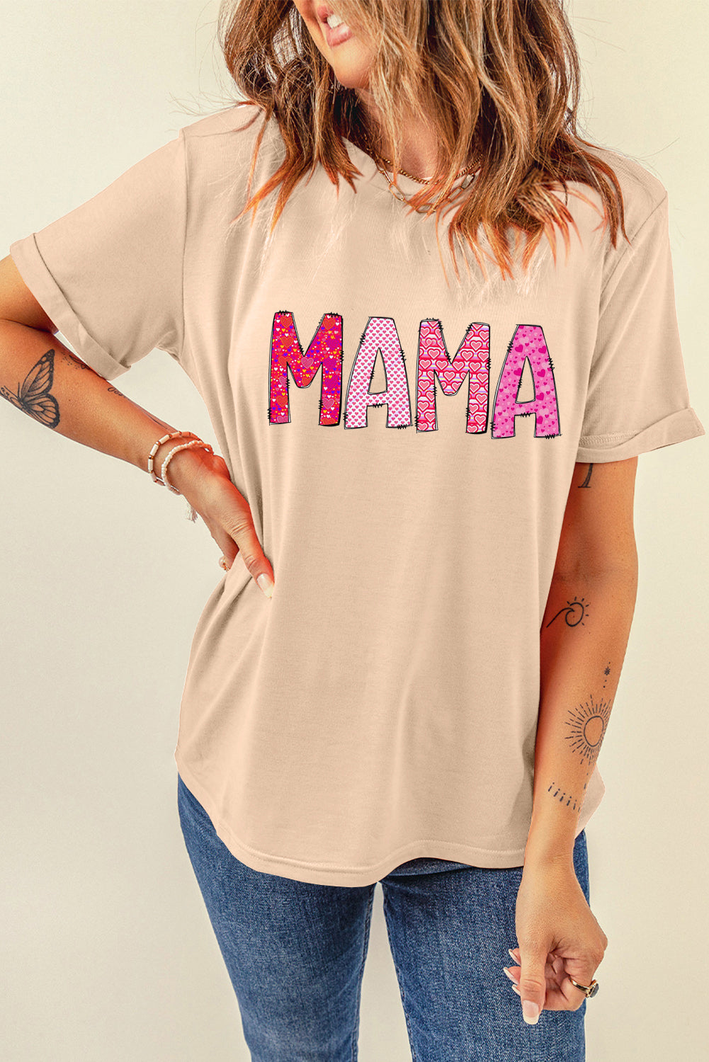 MAMA Letters Print Casual Plain Crew Neck T-Shirt