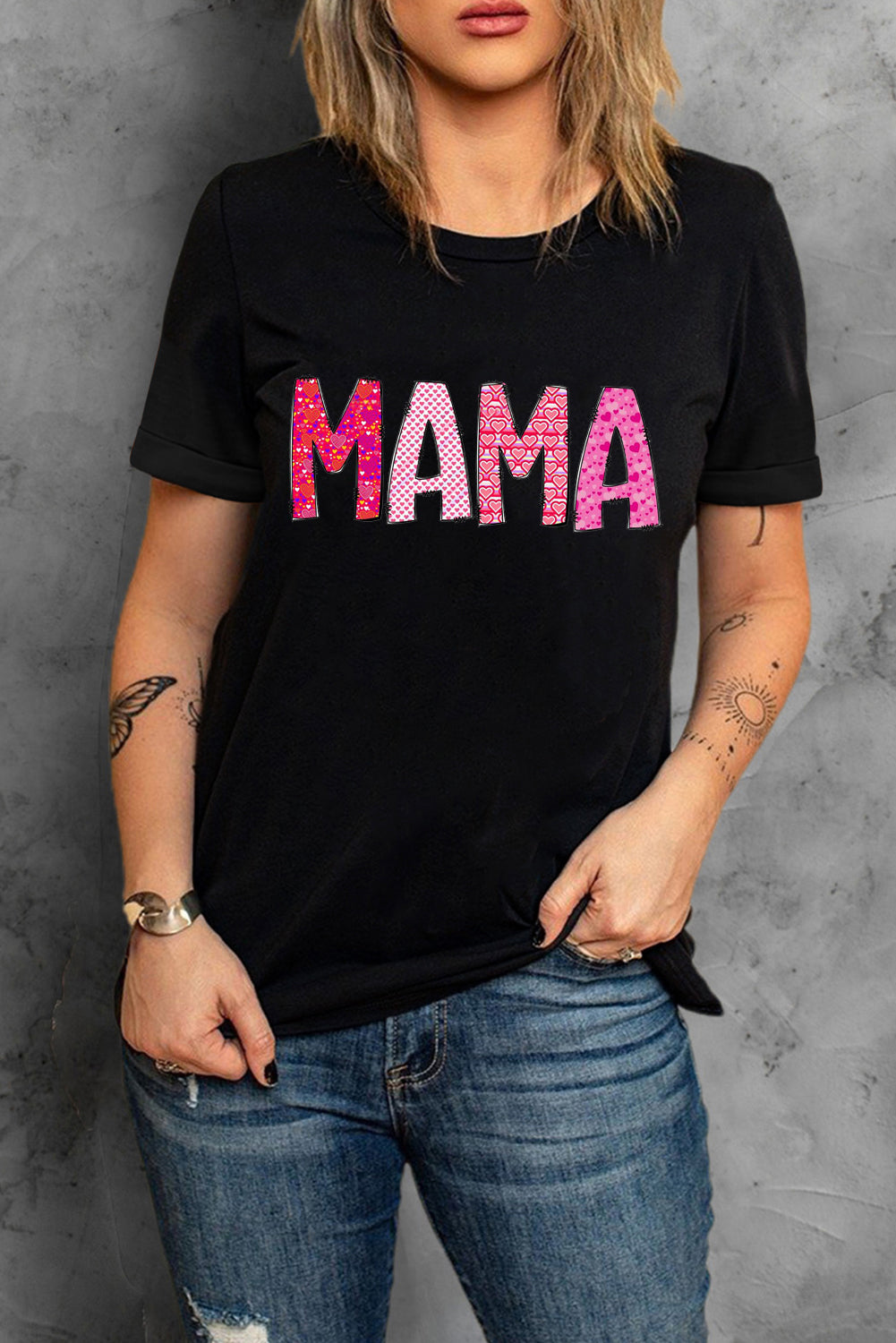MAMA Letters Print Casual Plain Crew Neck T-Shirt