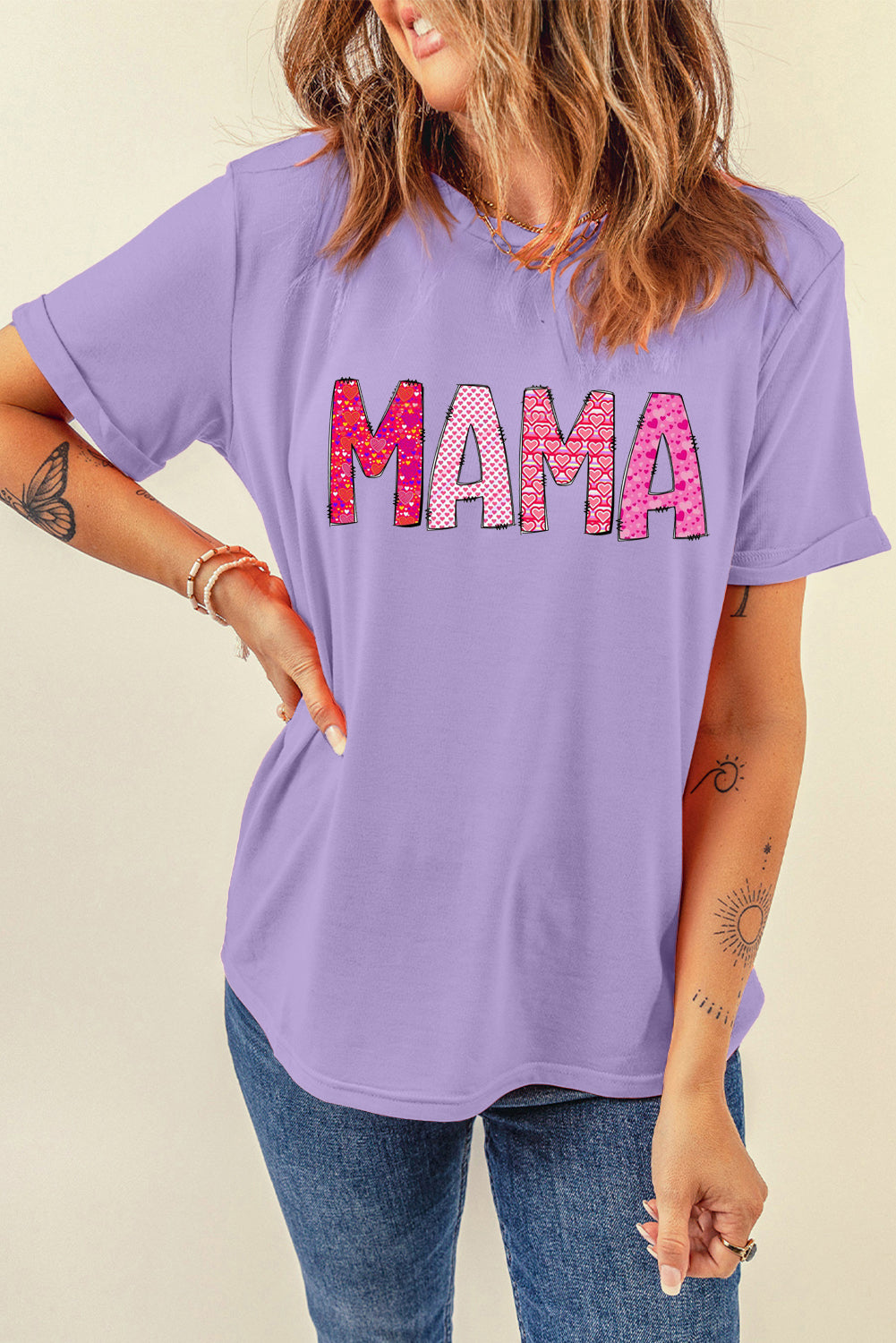 MAMA Letters Print Casual Plain Crew Neck T-Shirt