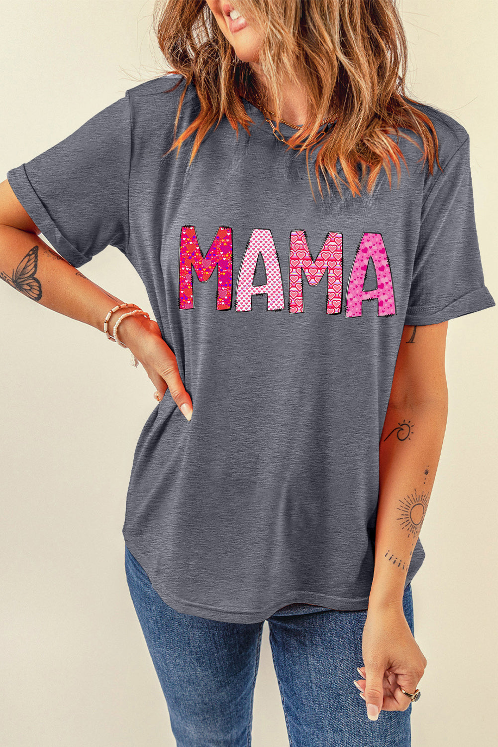 MAMA Letters Print Casual Plain Crew Neck T-Shirt