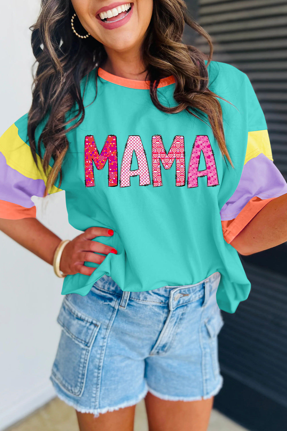 MAMA Letters Block Stitching Sleeve Round Neck Oversize Top
