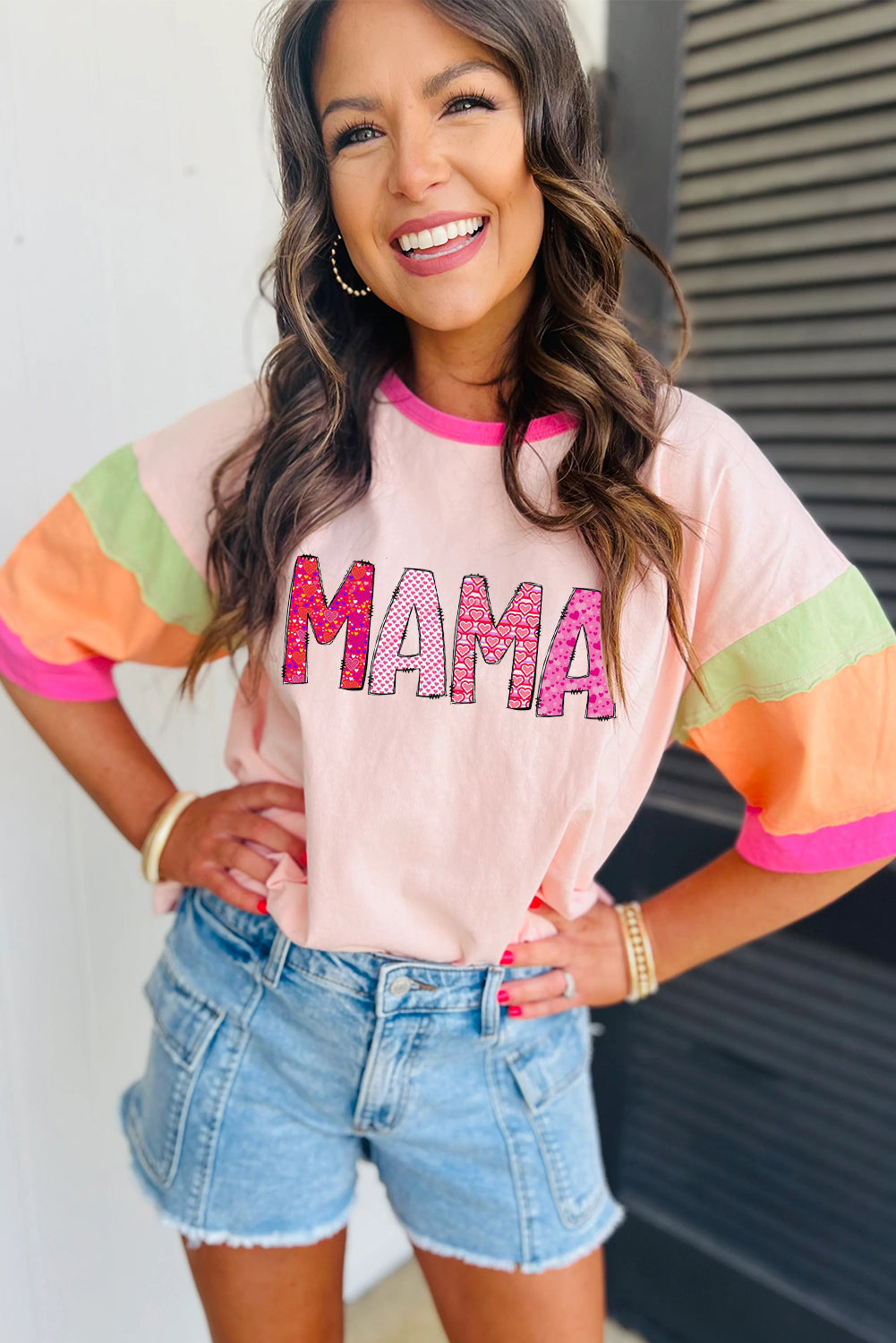 MAMA Letters Block Stitching Sleeve Round Neck Oversize Top