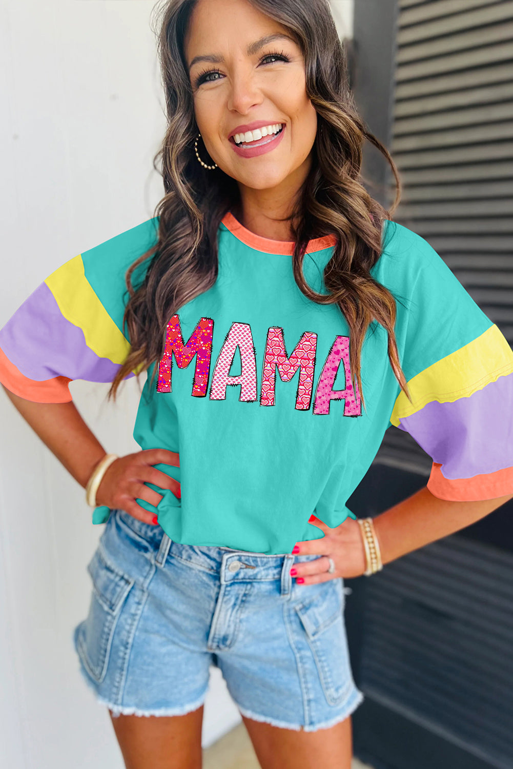 MAMA Letters Block Stitching Sleeve Round Neck Oversize Top