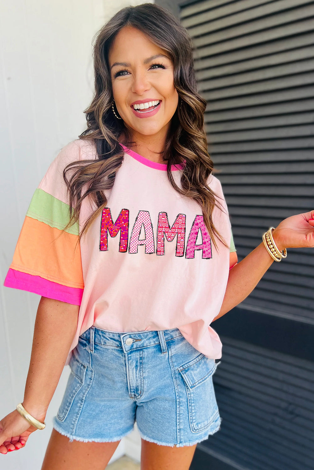 MAMA Letters Block Stitching Sleeve Round Neck Oversize Top