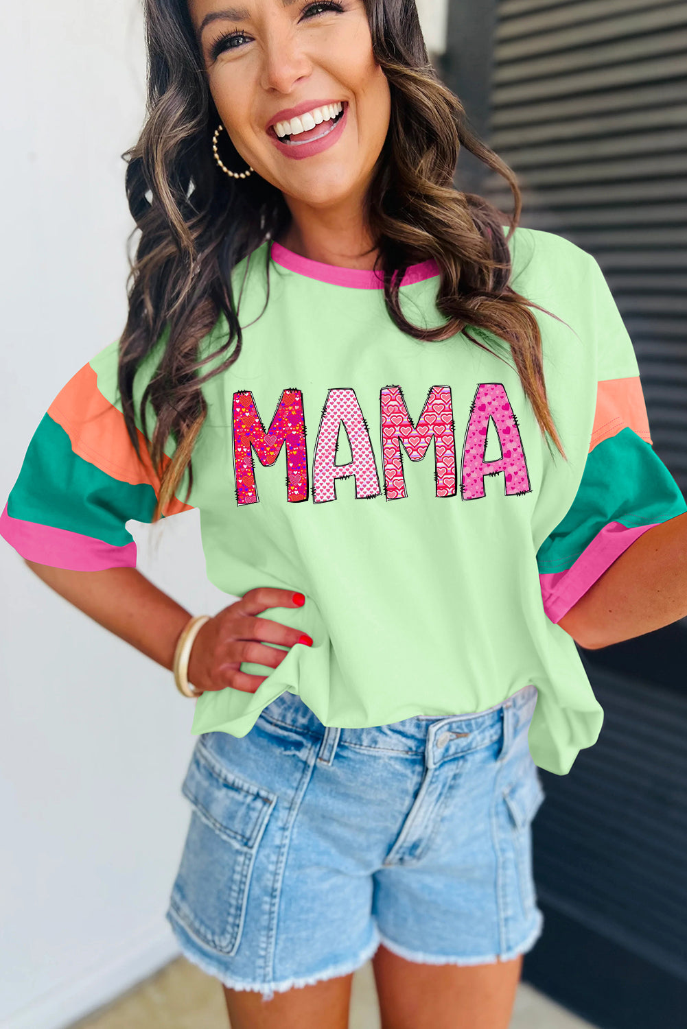 MAMA Letters Block Stitching Sleeve Round Neck Oversize Top