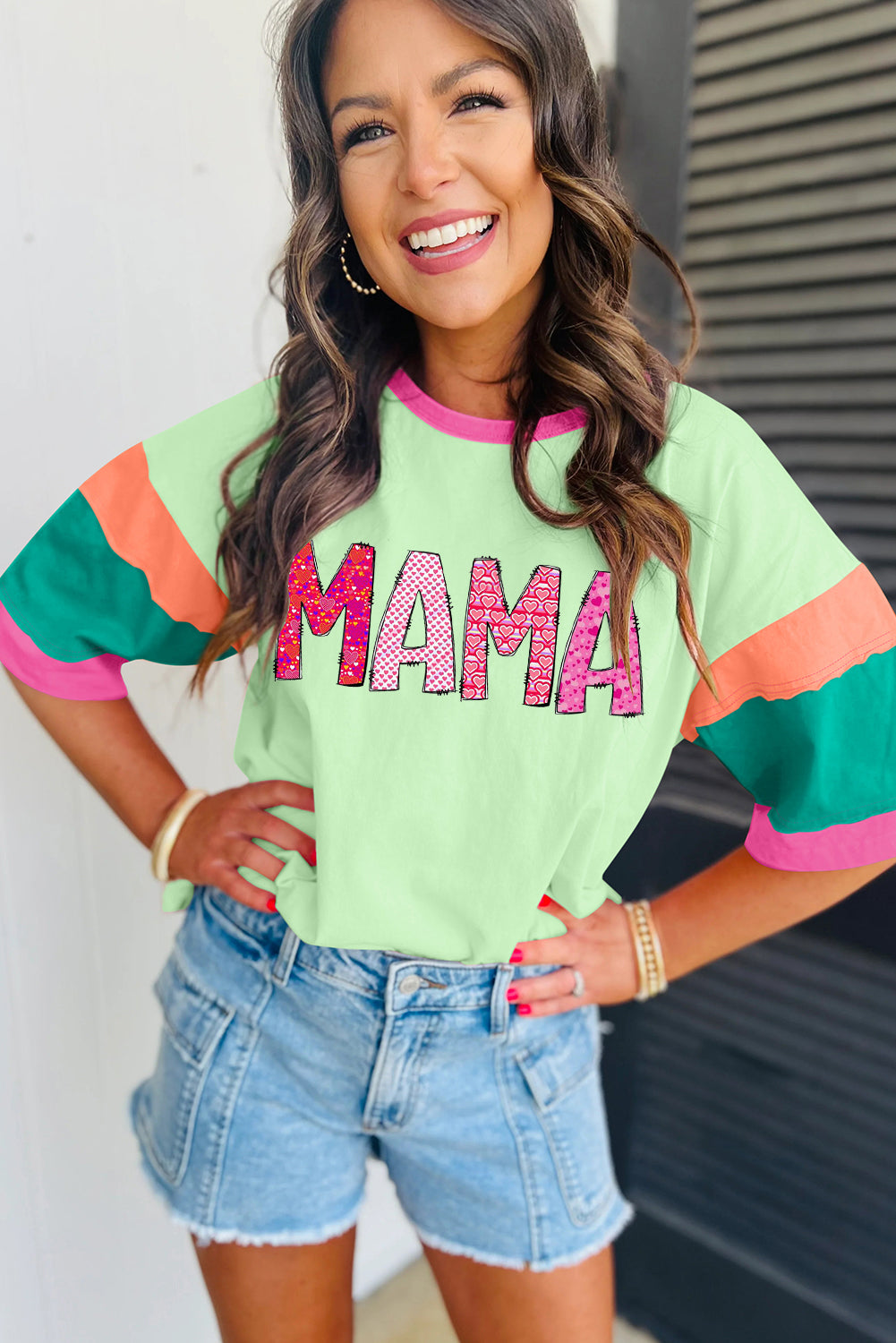 MAMA Letters Block Stitching Sleeve Round Neck Oversize Top