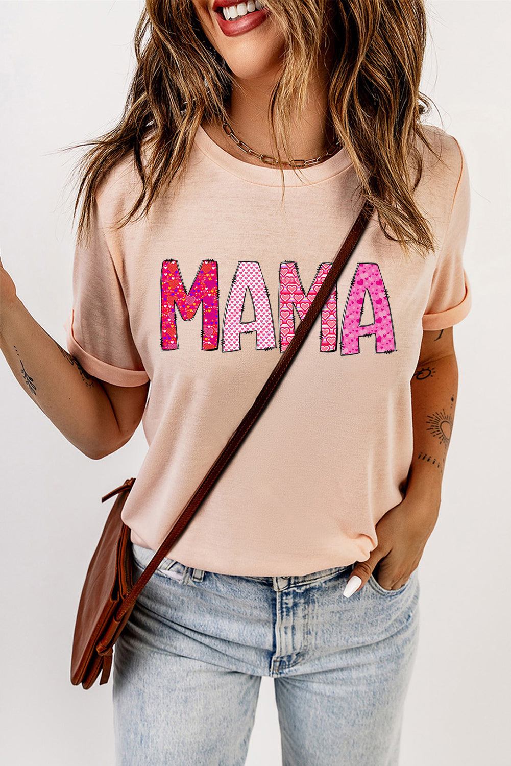 MAMA Letters Printed Solid Color Crew Neck T-Shirt