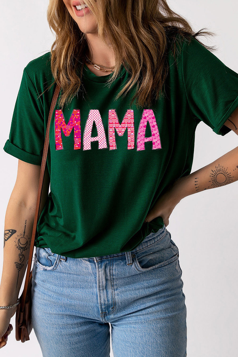 MAMA Letters Printed Solid Color Crew Neck T-Shirt
