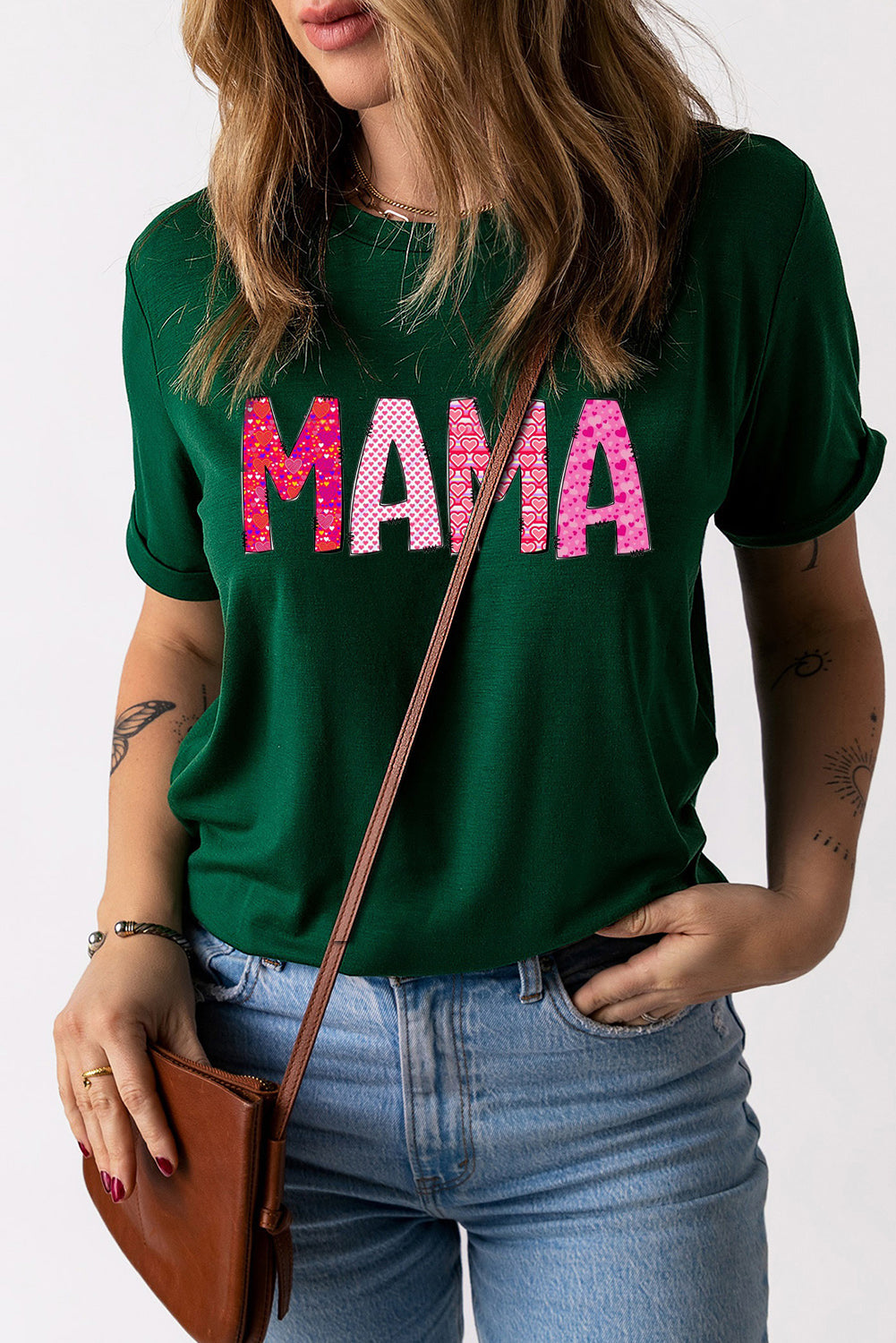 MAMA Letters Printed Solid Color Crew Neck T-Shirt