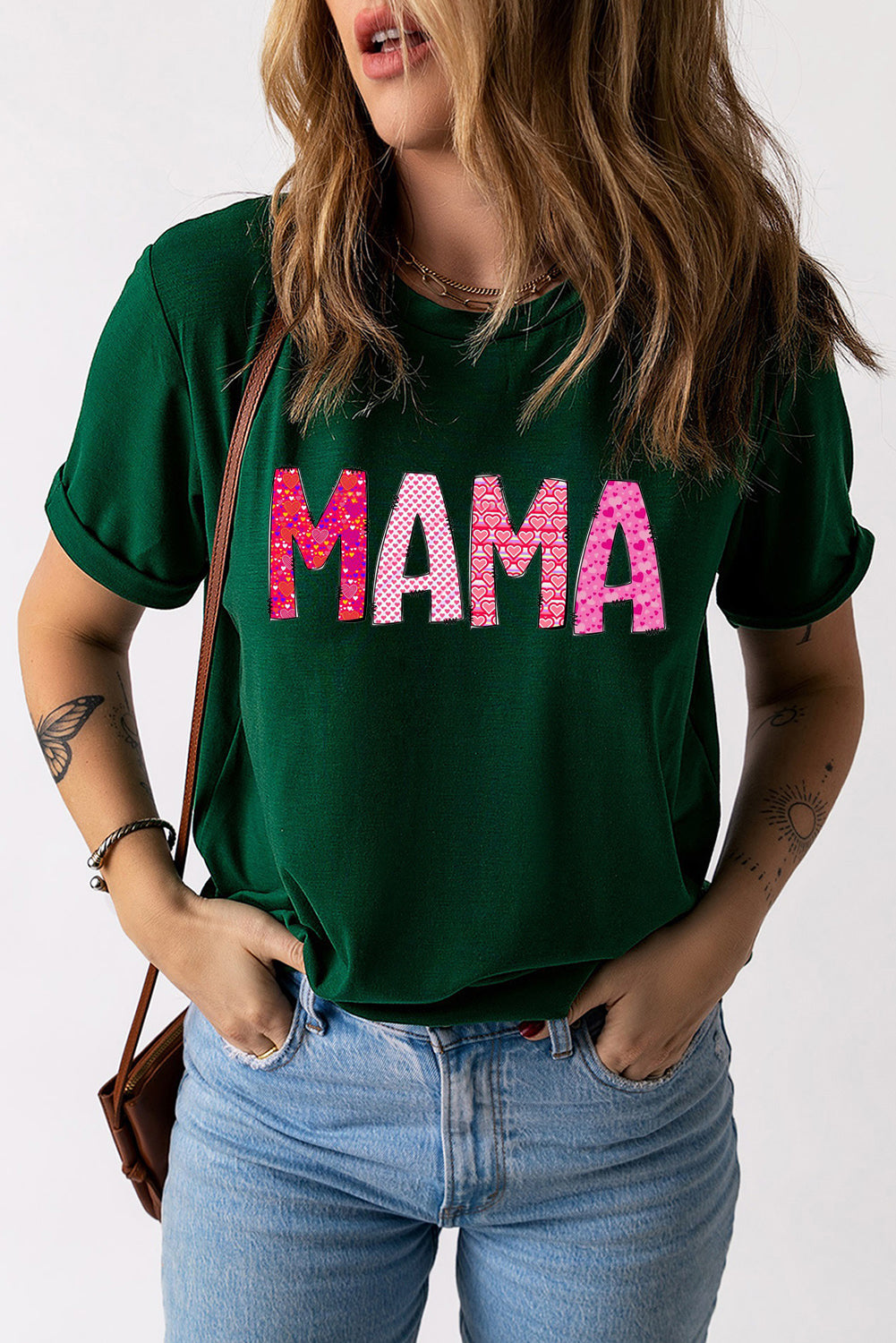 MAMA Letters Printed Solid Color Crew Neck T-Shirt