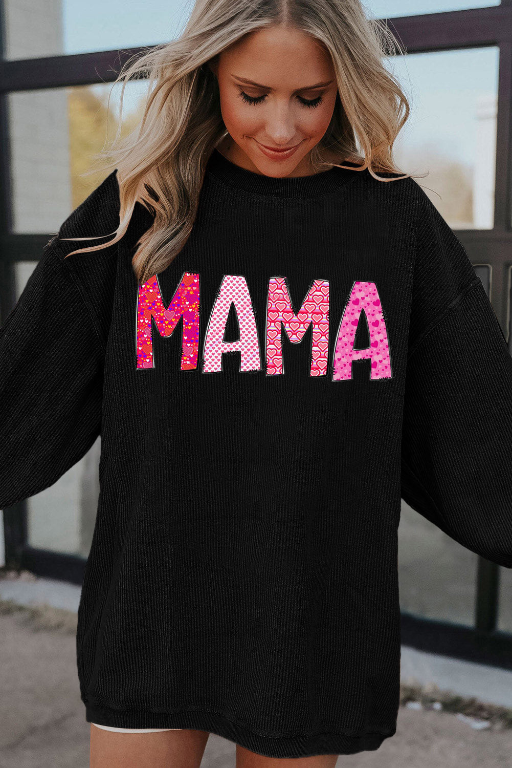 MAMA Letters Print Ribbed Corduroy Oversized Sweatshirt