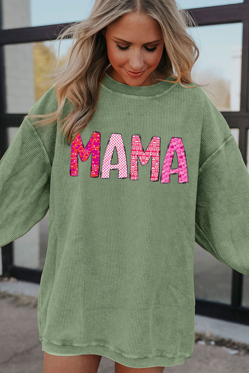 MAMA Letters Print Ribbed Corduroy Oversized Sweatshirt