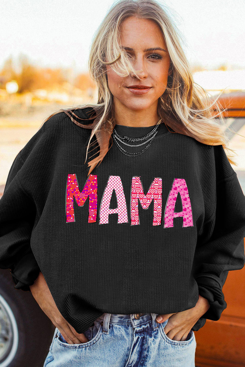 MAMA Letters Print Ribbed Corduroy Oversized Sweatshirt
