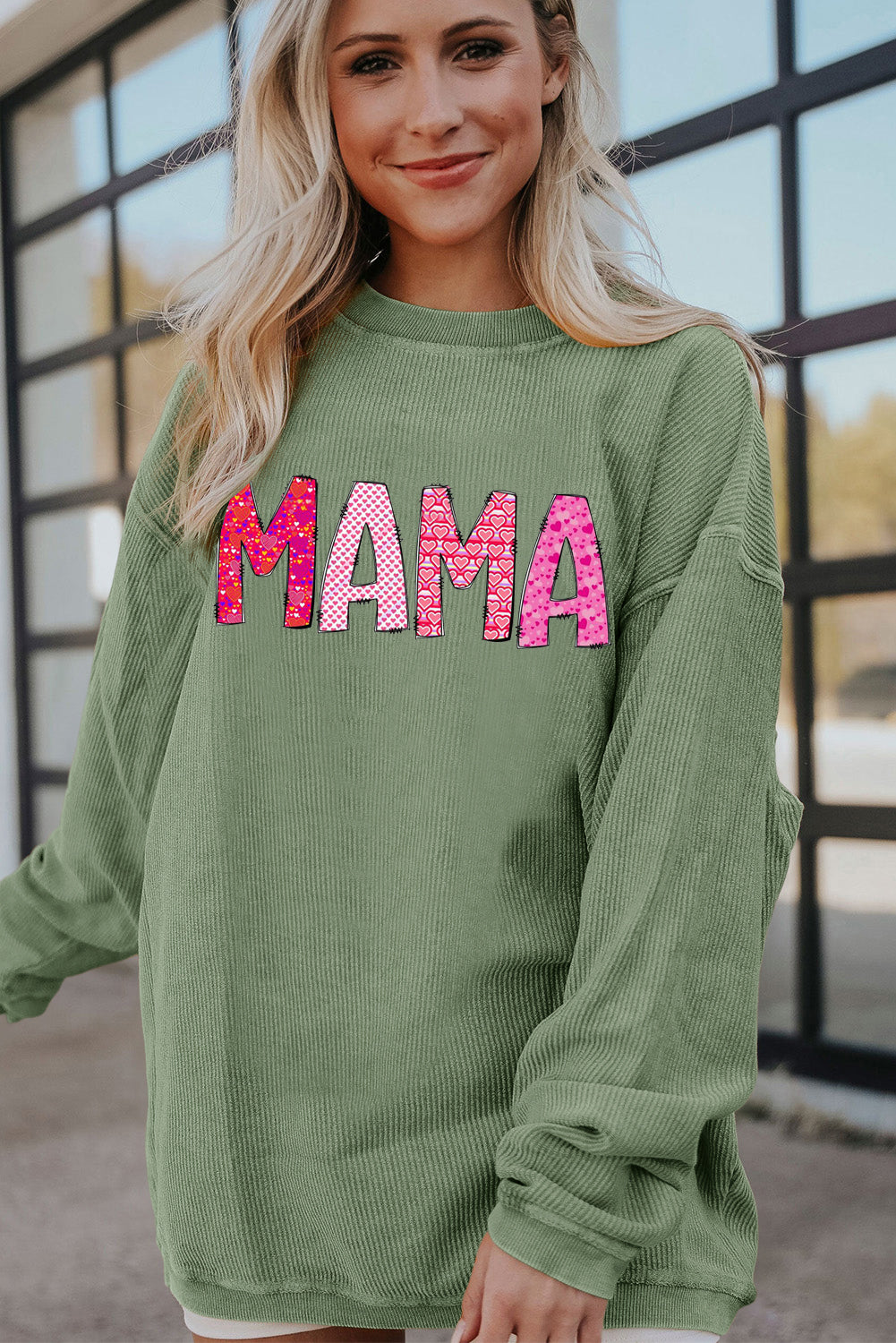 MAMA Letters Print Ribbed Corduroy Oversized Sweatshirt