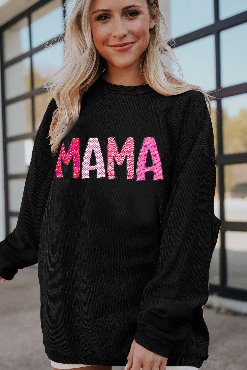 MAMA Letters Print Ribbed Corduroy Oversized Sweatshirt