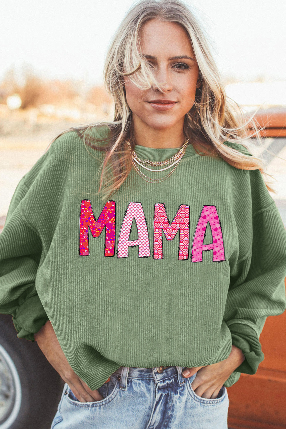 MAMA Letters Print Ribbed Corduroy Oversized Sweatshirt