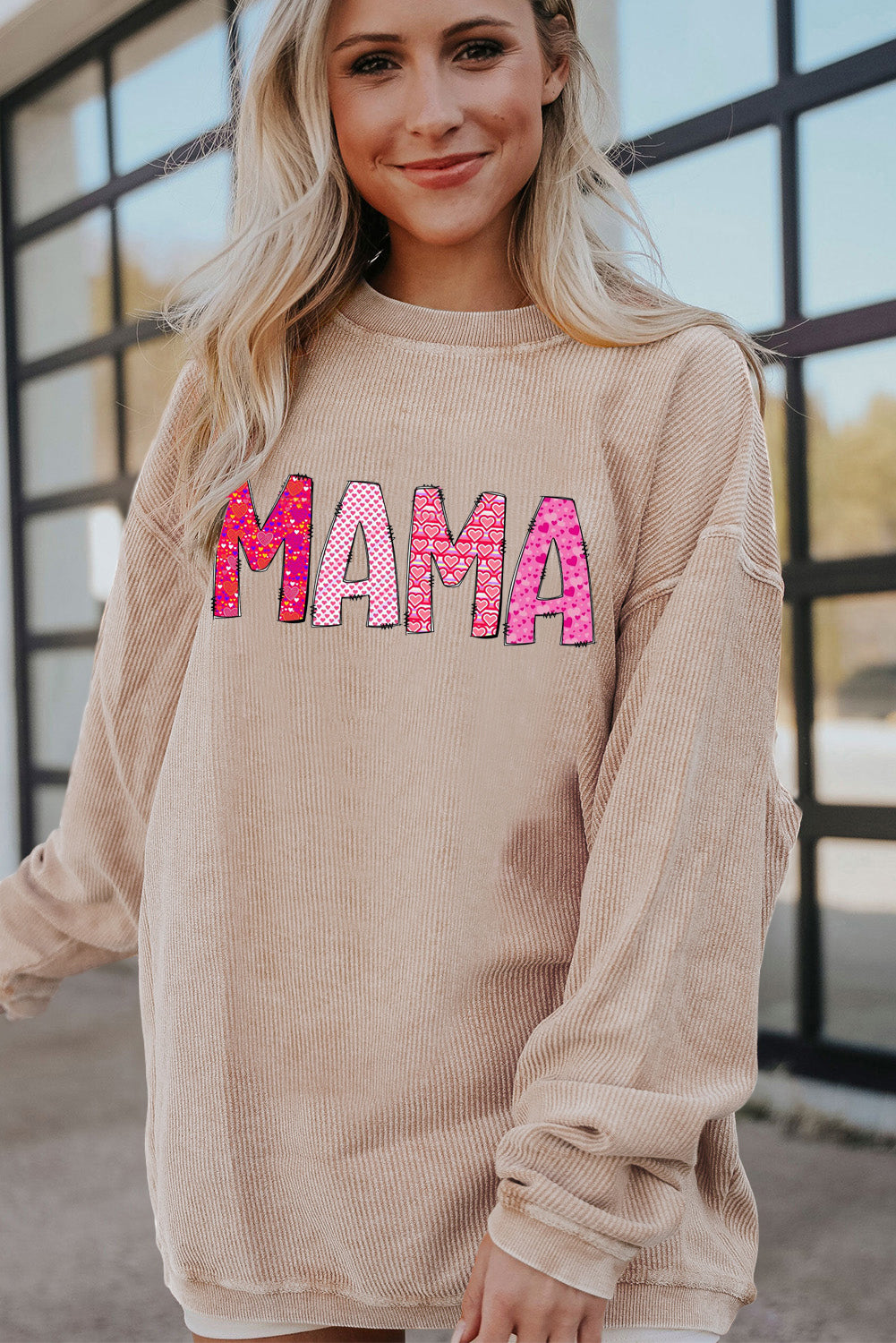 MAMA Letters Print Ribbed Corduroy Oversized Sweatshirt