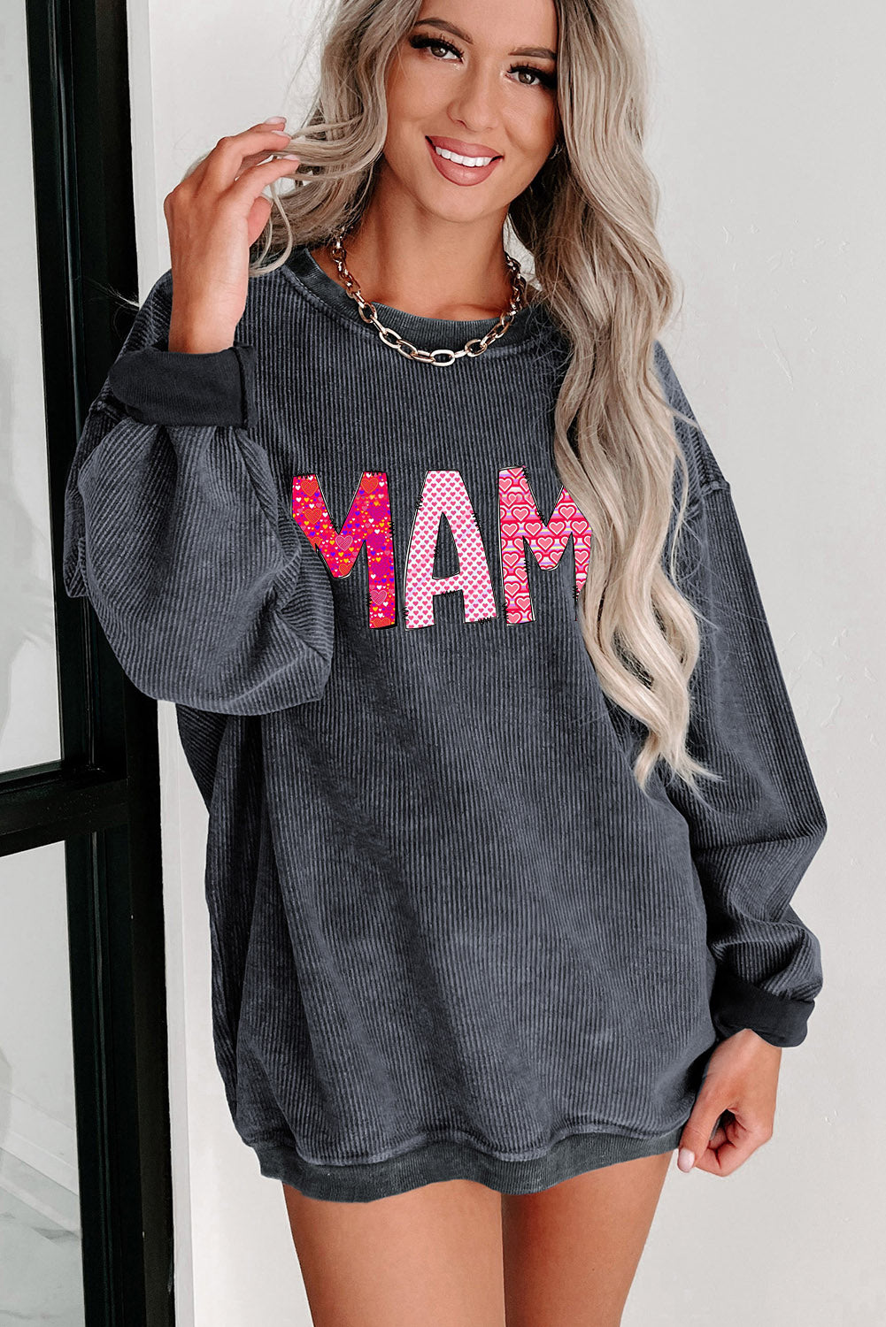 MAMA Letters Print Ribbed Knit Round Neck Pullover Sweatshirt