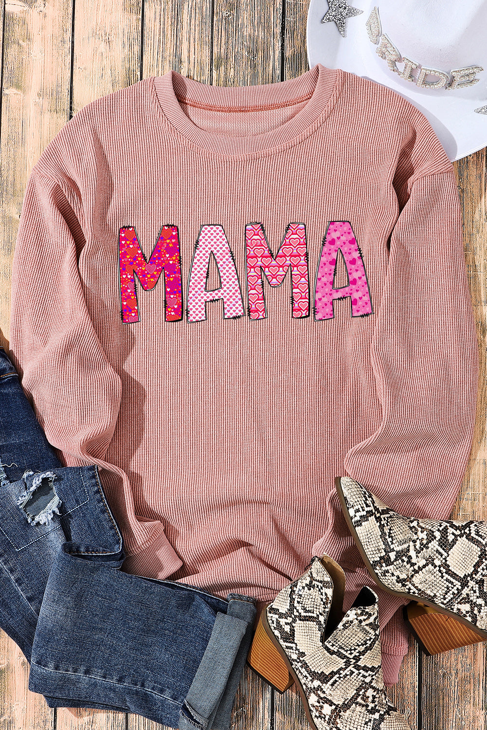 MAMA Letters Print Ribbed Knit Round Neck Pullover Sweatshirt