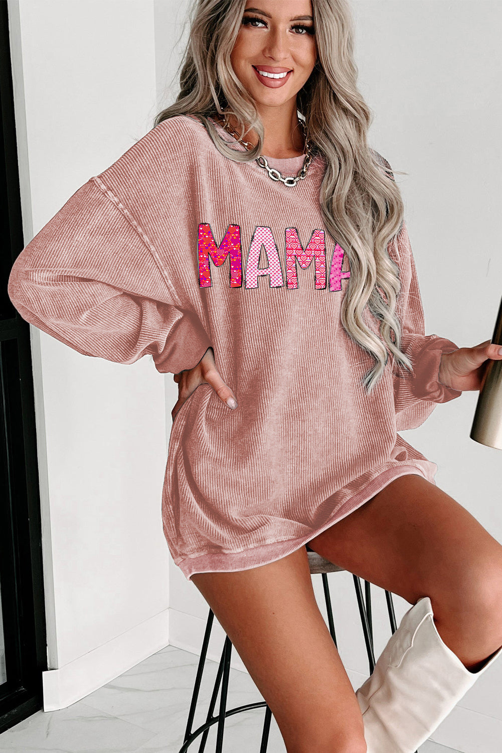 MAMA Letters Print Ribbed Knit Round Neck Pullover Sweatshirt