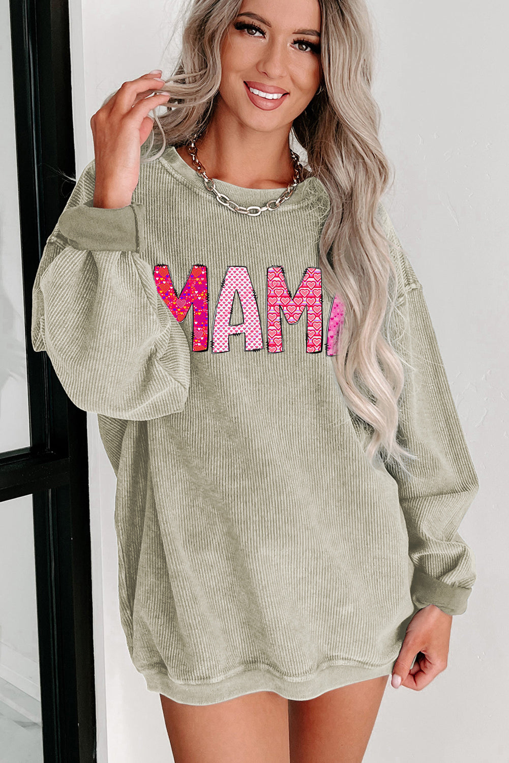 MAMA Letters Print Ribbed Knit Round Neck Pullover Sweatshirt