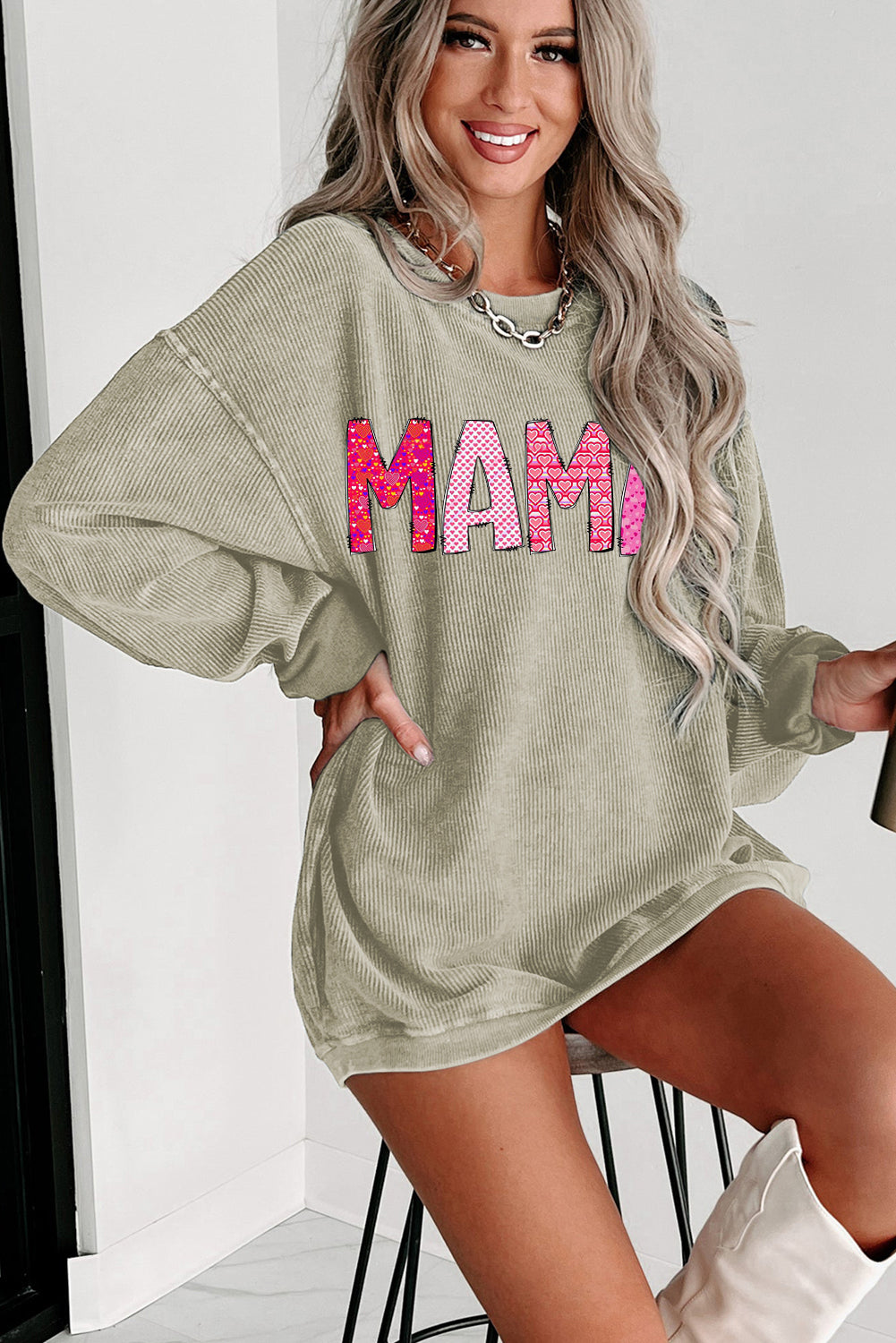 MAMA Letters Print Ribbed Knit Round Neck Pullover Sweatshirt