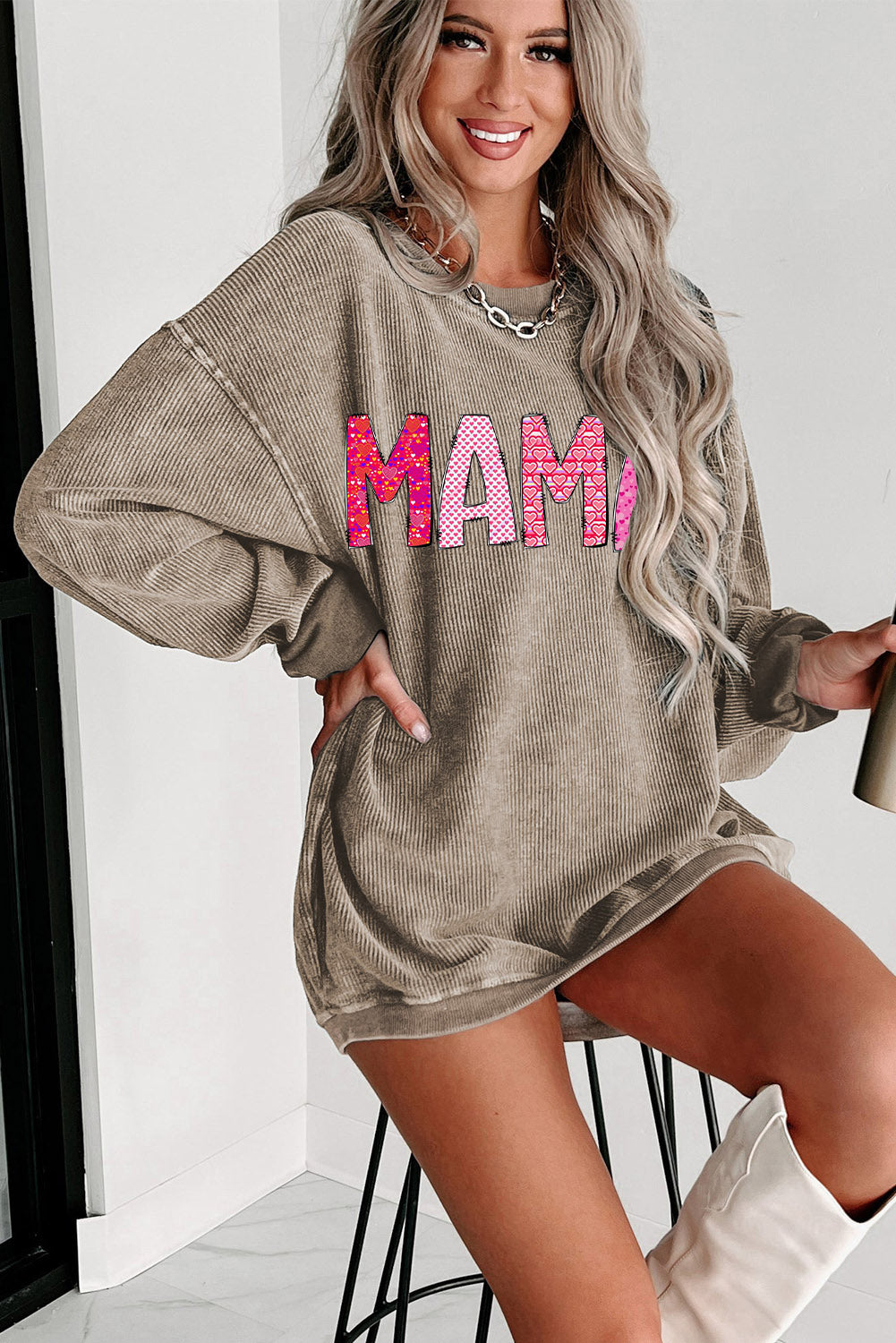 MAMA Letters Print Ribbed Knit Round Neck Pullover Sweatshirt