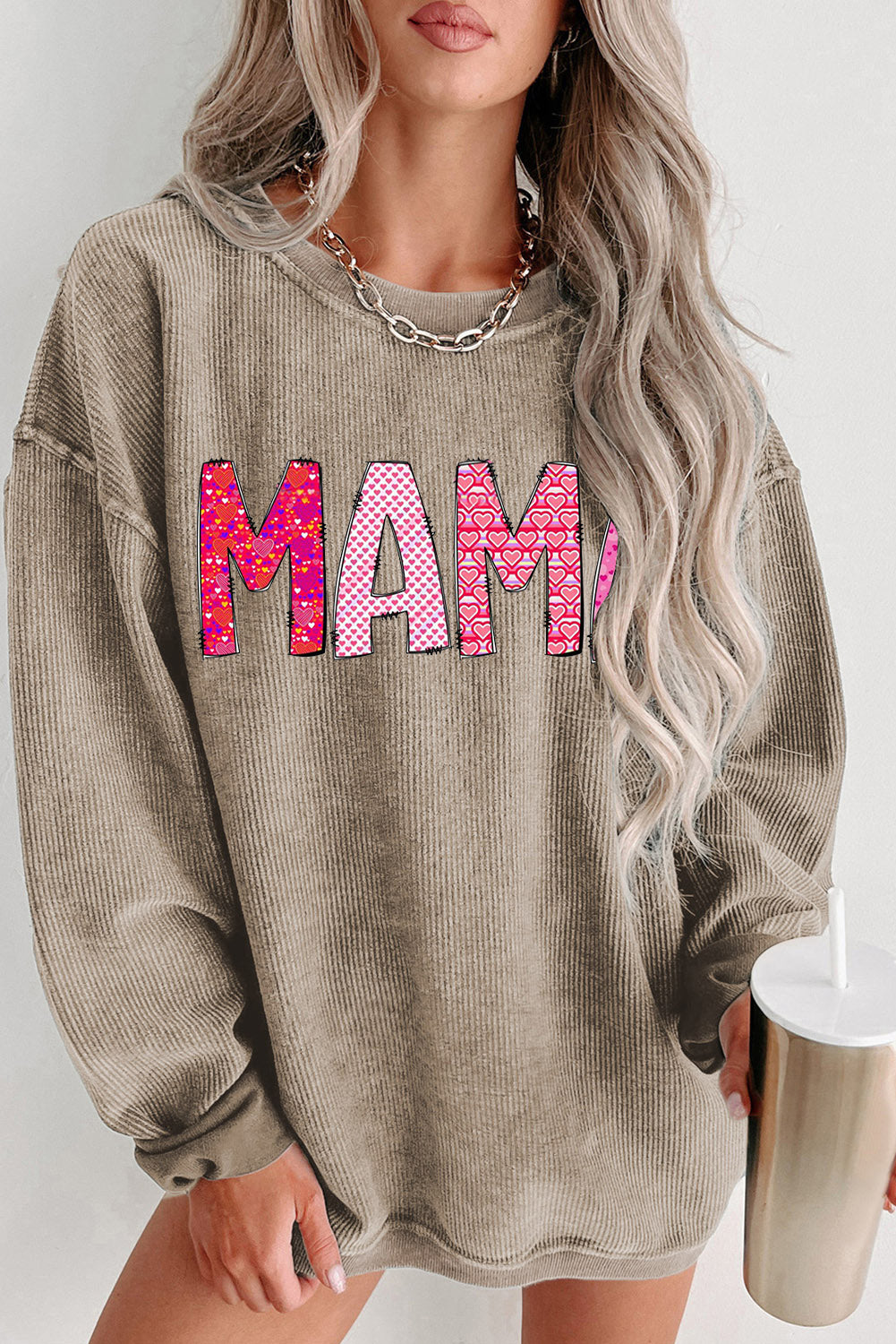 MAMA Letters Print Ribbed Knit Round Neck Pullover Sweatshirt
