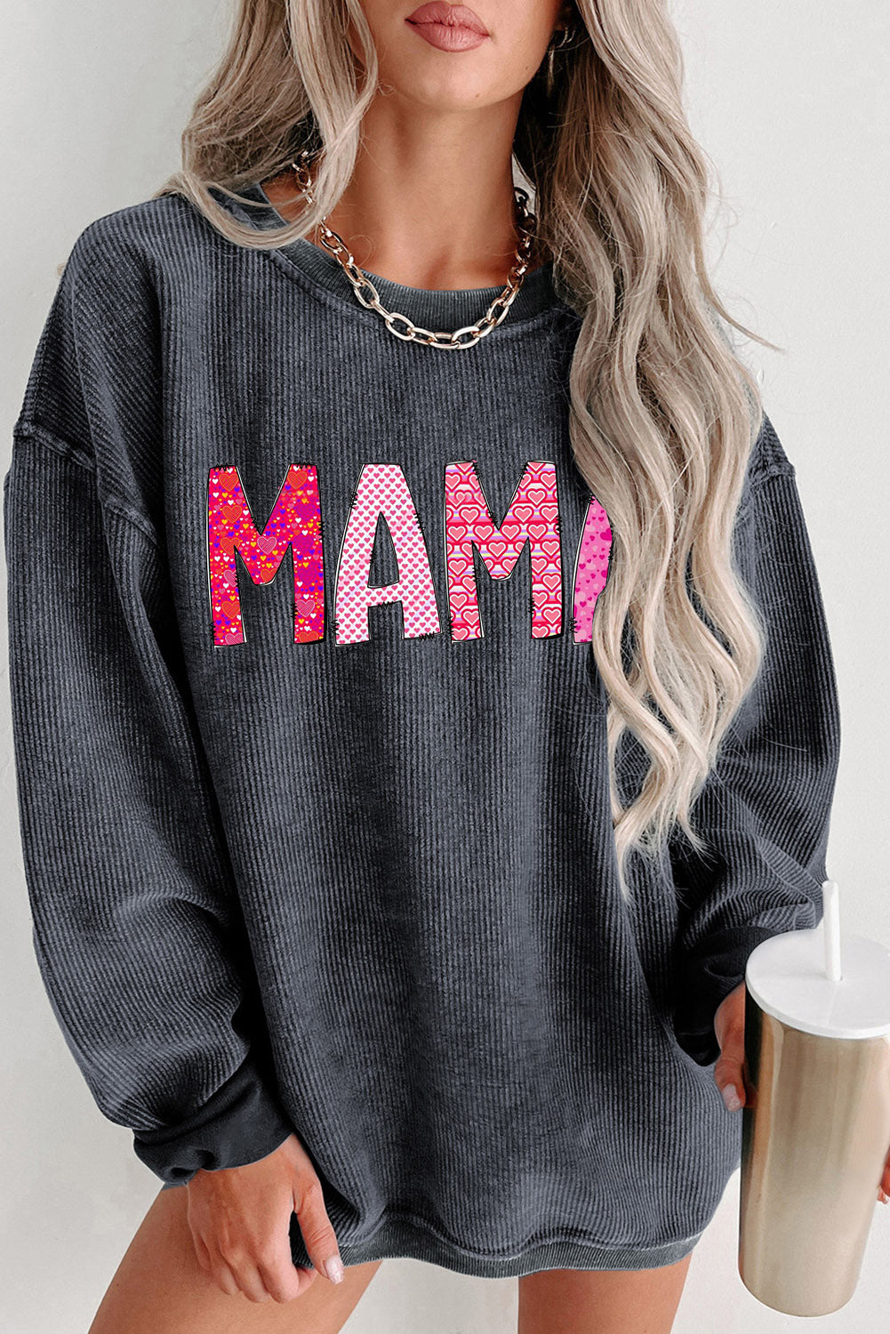MAMA Letters Print Ribbed Knit Round Neck Pullover Sweatshirt