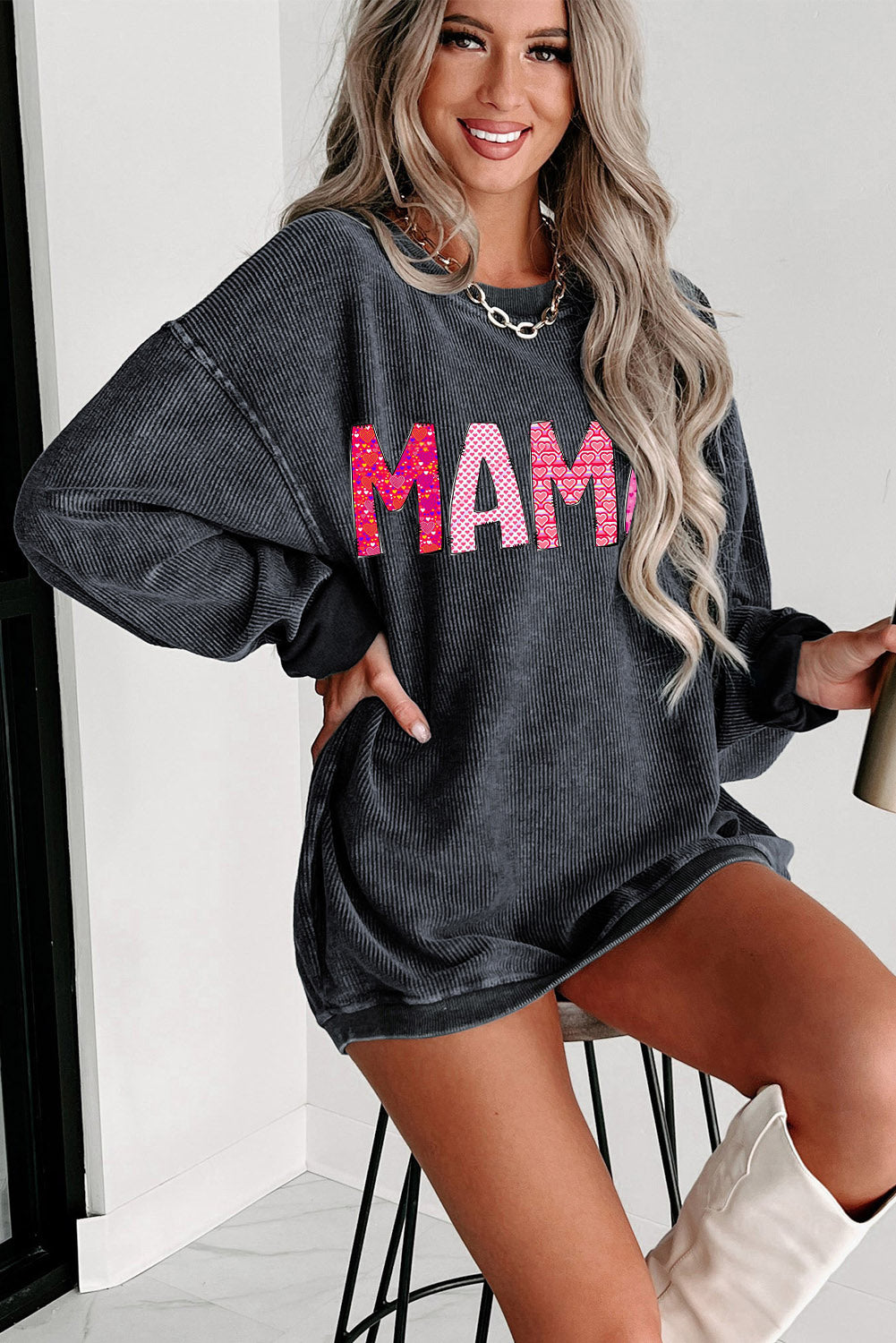 MAMA Letters Print Ribbed Knit Round Neck Pullover Sweatshirt