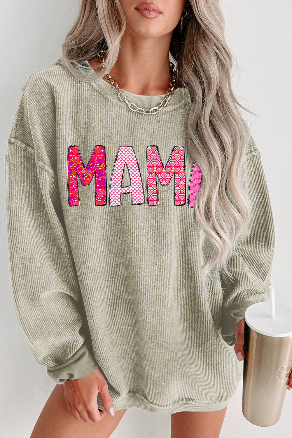 MAMA Letters Print Ribbed Knit Round Neck Pullover Sweatshirt