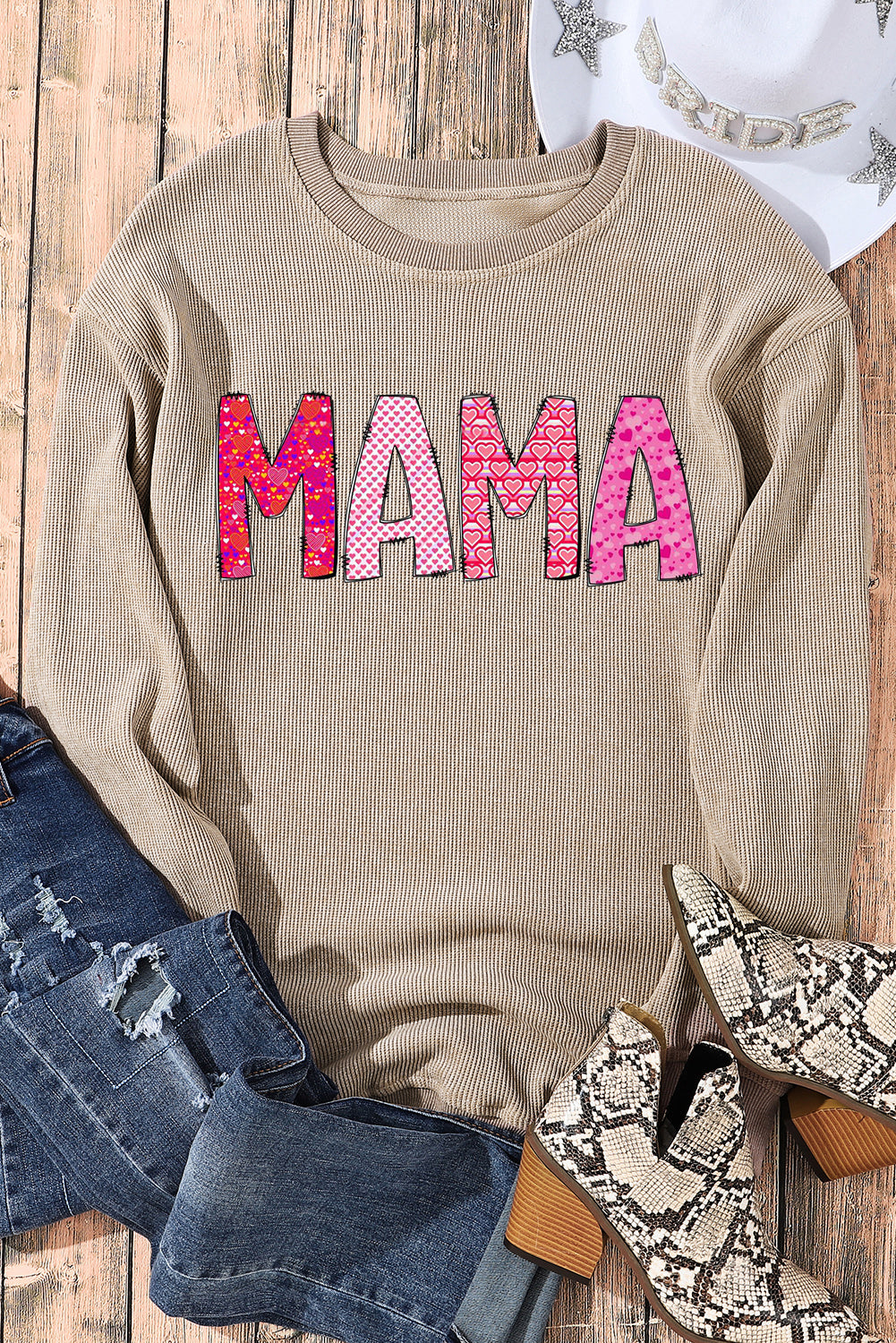 MAMA Letters Print Ribbed Knit Round Neck Pullover Sweatshirt