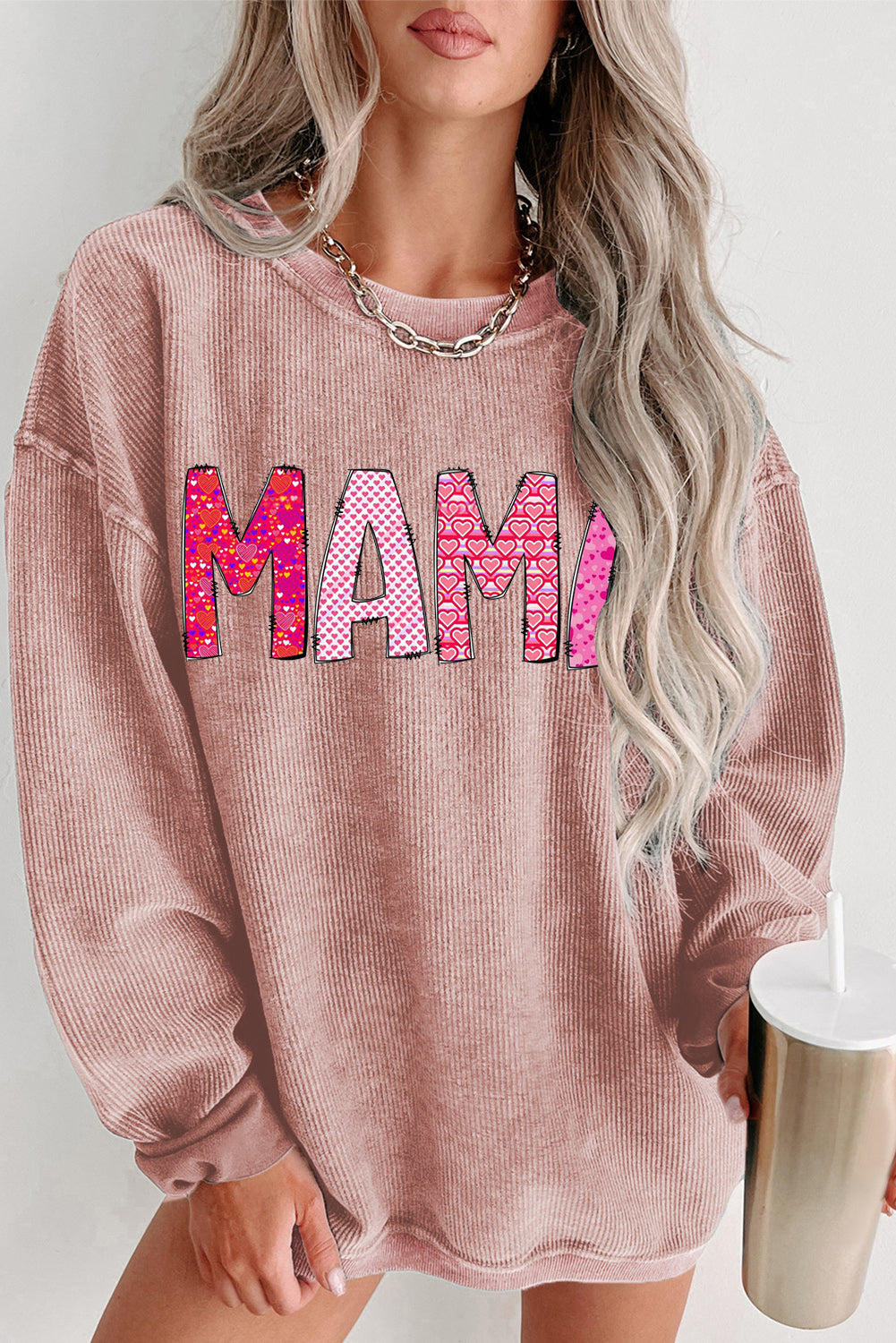 MAMA Letters Print Ribbed Knit Round Neck Pullover Sweatshirt