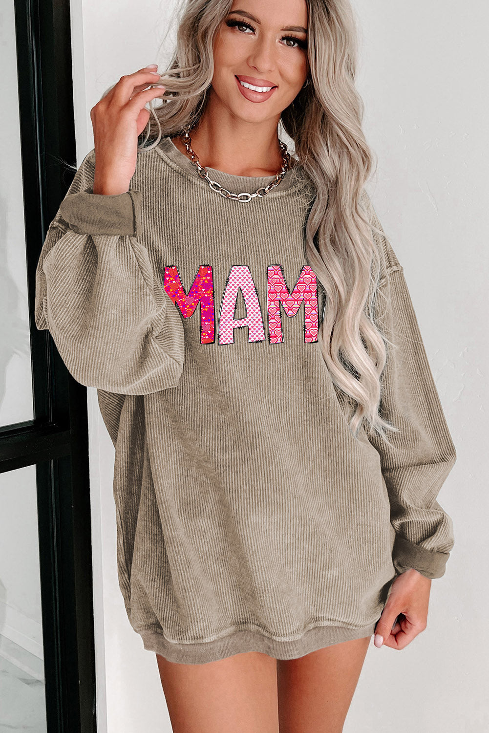 MAMA Letters Print Ribbed Knit Round Neck Pullover Sweatshirt