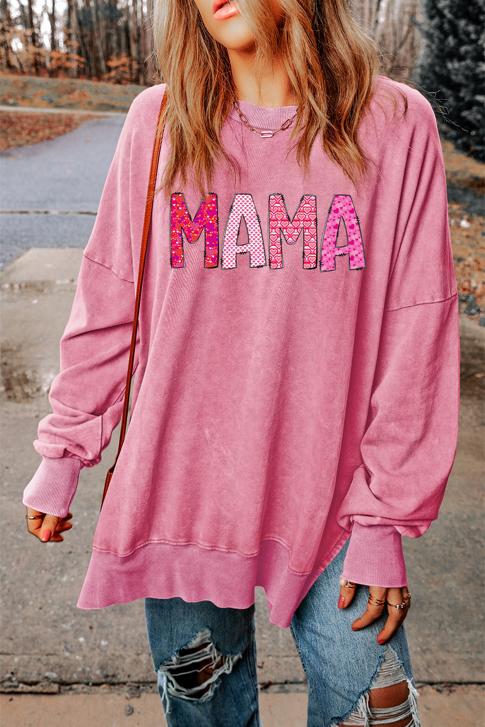 MAMA Letters Print Drop Shoulder Ribbed Trim Oversized Sweatshirt