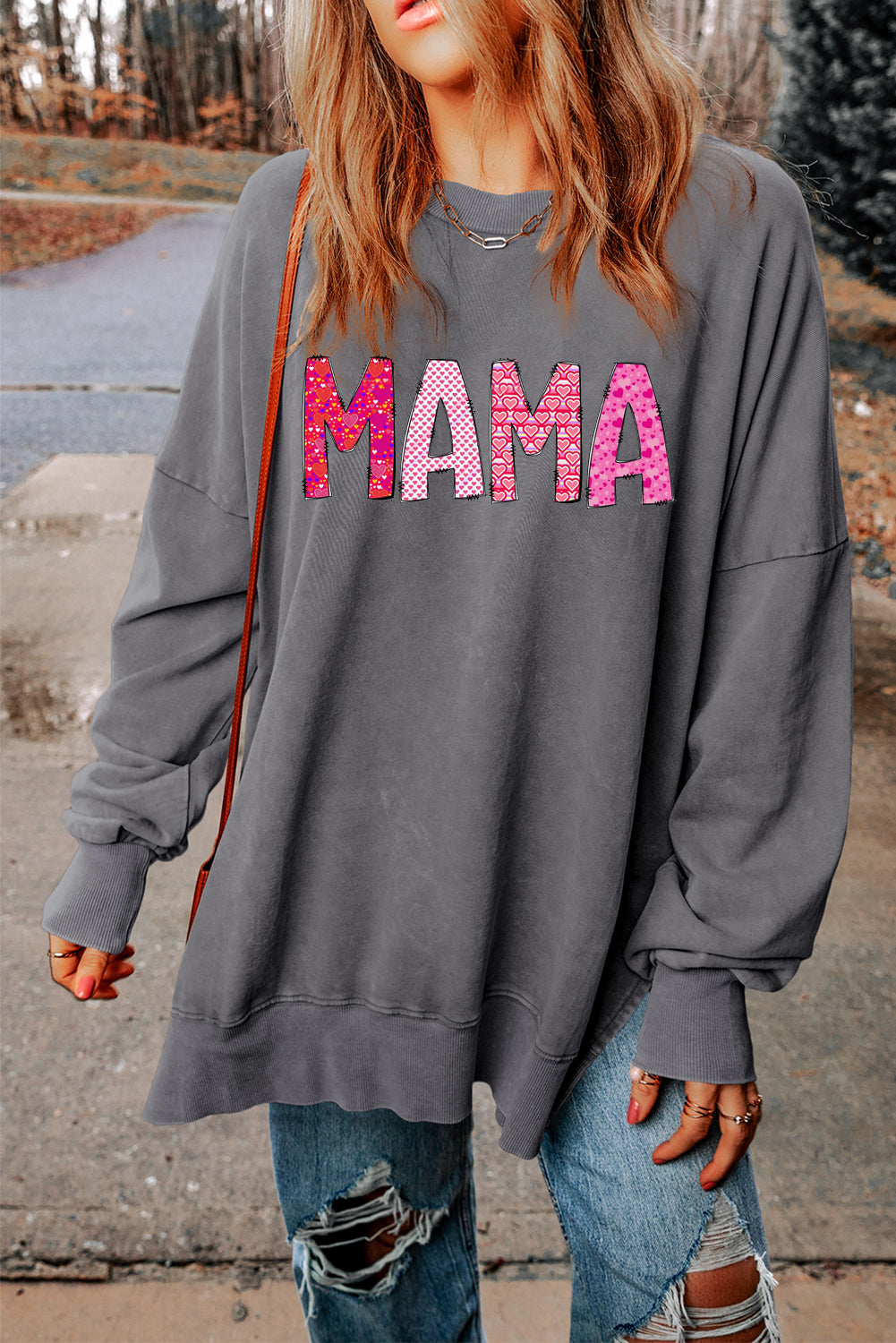 MAMA Letters Print Drop Shoulder Ribbed Trim Oversized Sweatshirt