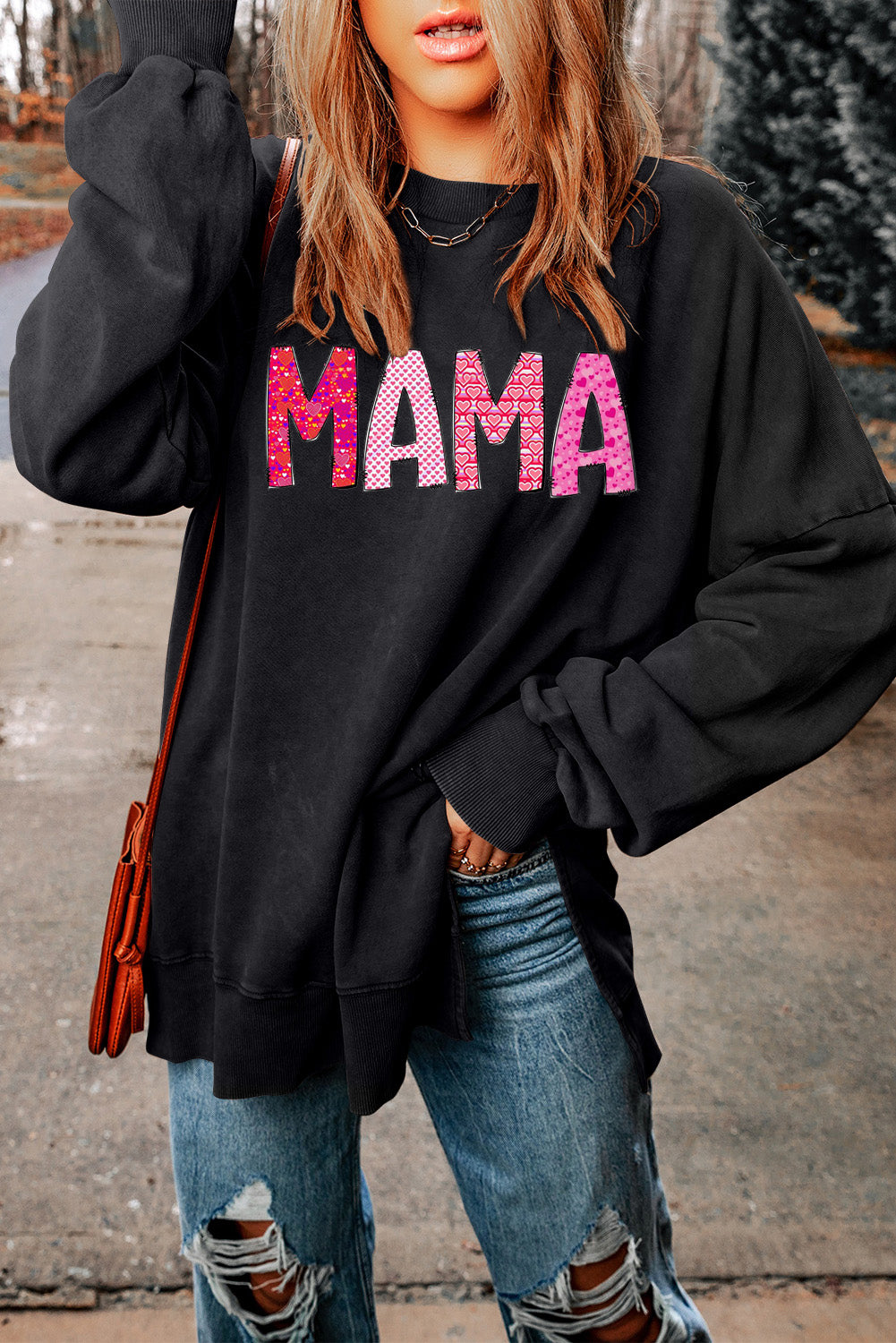 MAMA Letters Print Drop Shoulder Ribbed Trim Oversized Sweatshirt