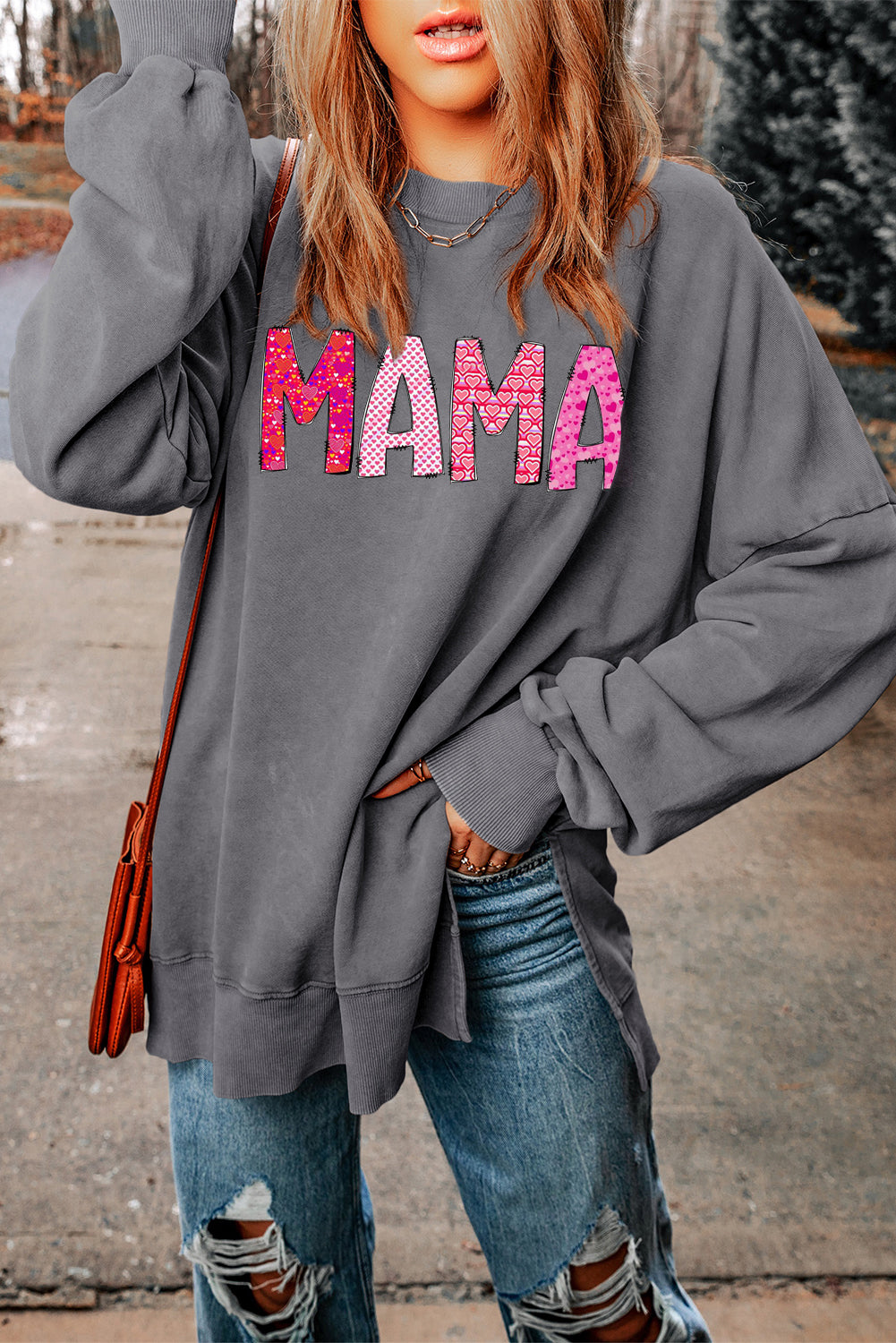 MAMA Letters Print Drop Shoulder Ribbed Trim Oversized Sweatshirt